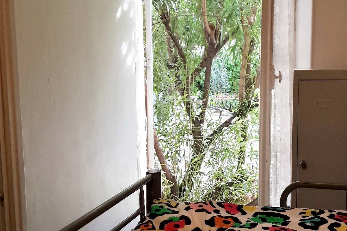 Una habitación con cama, ventana y vista a un árbol.