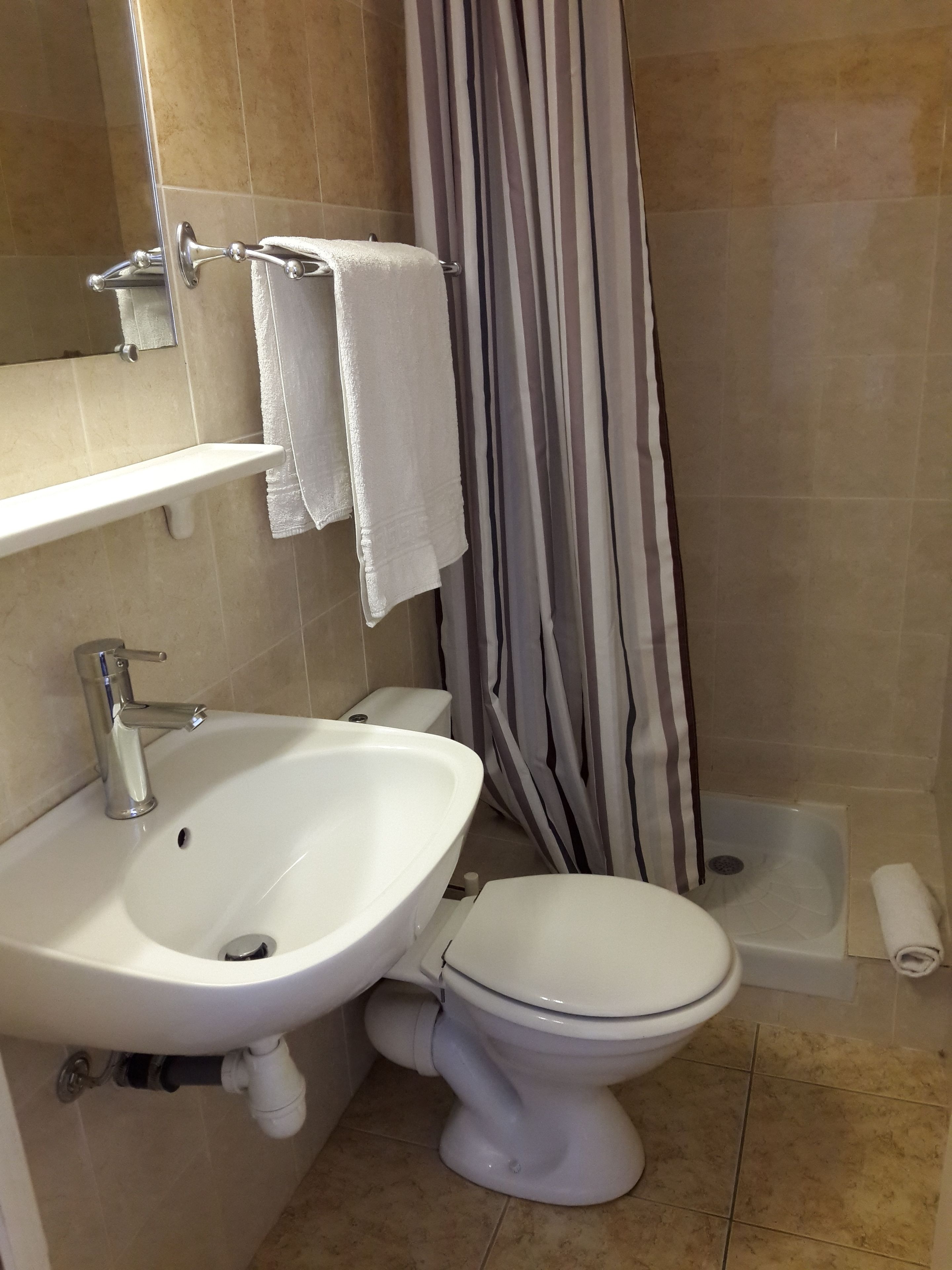 A bathroom with a white sink, a toilet, a shower curtain, and a towel rack.
