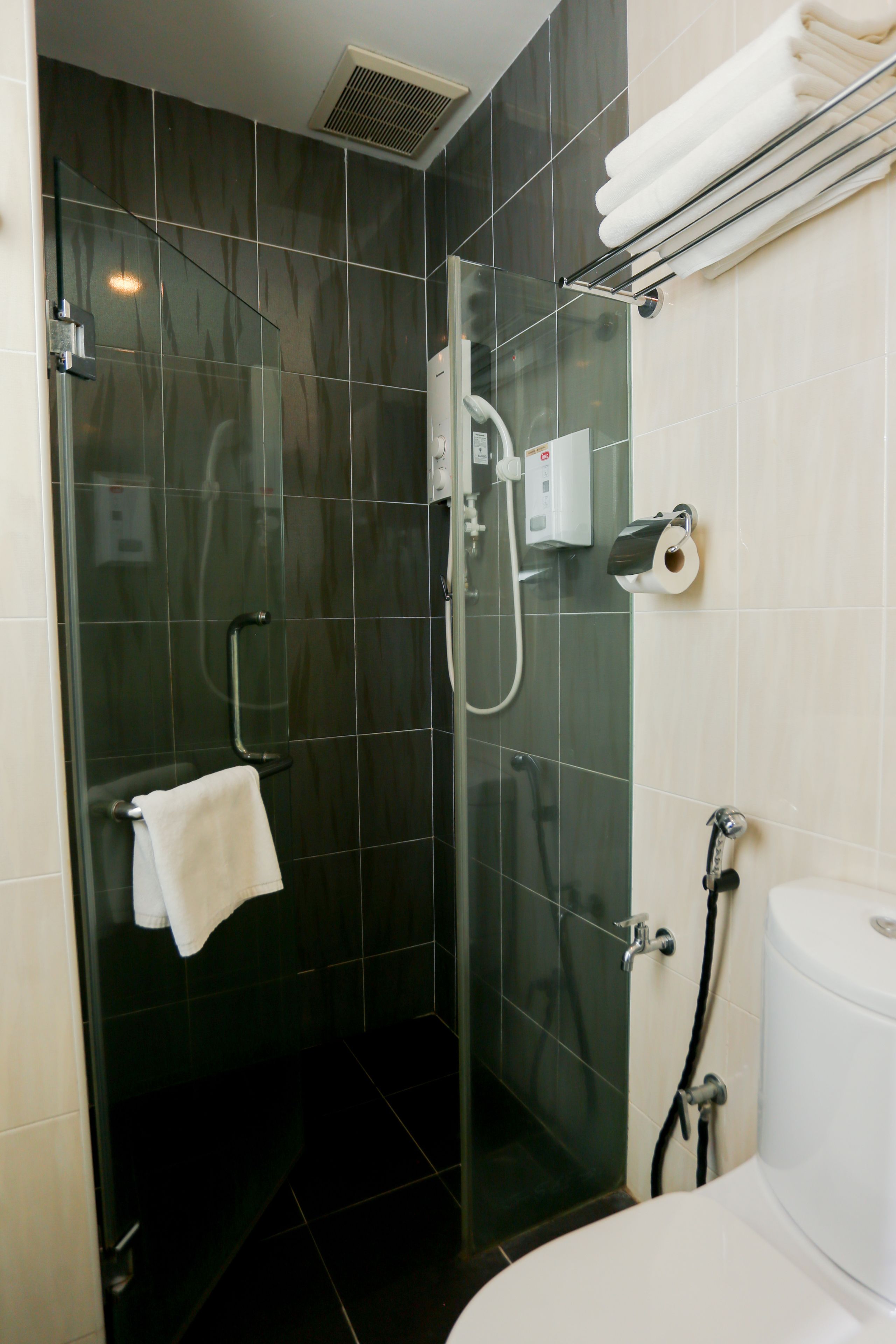 A modern bathroom with a glass-enclosed shower, a toilet, and a towel rack.