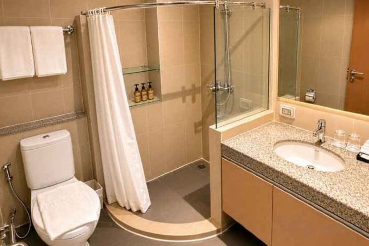 Shower, free toiletries, hair dryer, towels