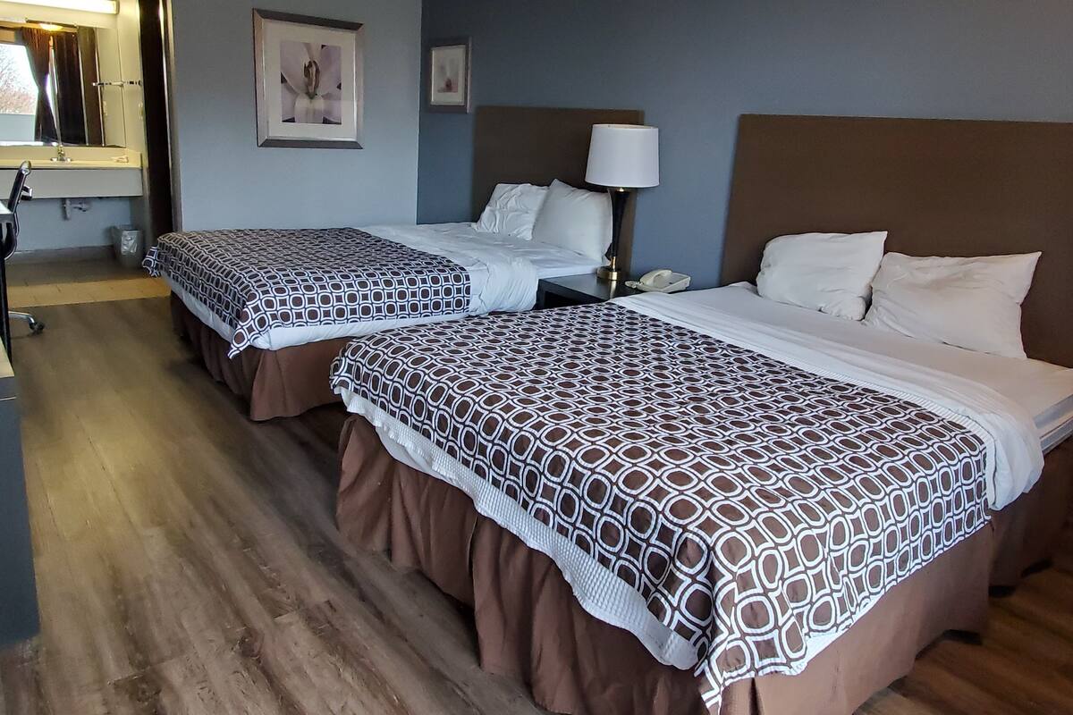 A hotel room with two beds, each with patterned bedding and brown skirts. There is a nightstand with a lamp, a framed picture on the wall, and a window with curtains.