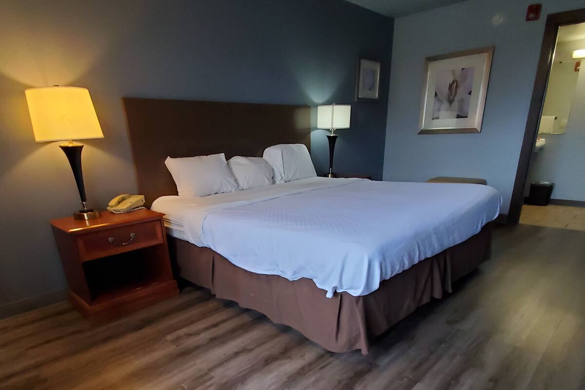 A hotel room with a large bed, two bedside lamps, a wooden nightstand, and a framed picture on the wall.