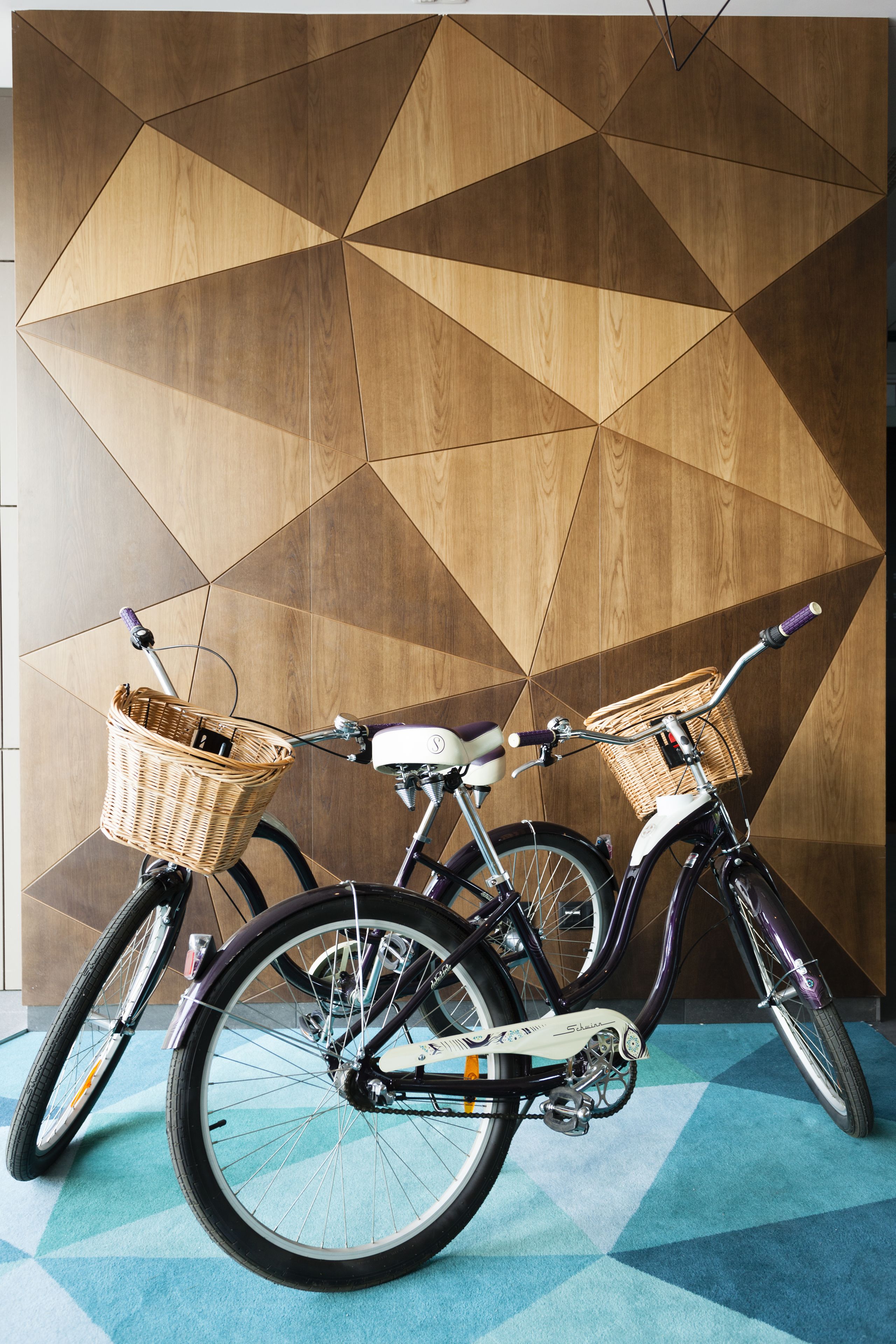 Ein Fahrrad mit Korb und Wasserflasche, geparkt an einer geometrisch gemusterten Holzwand.