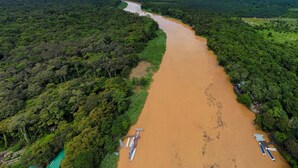 Vogelperspectief van een rivier die zich slingert door een dicht bos, met een klein steiger en boten.