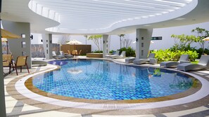 Outdoor pool, pool umbrellas, pool loungers