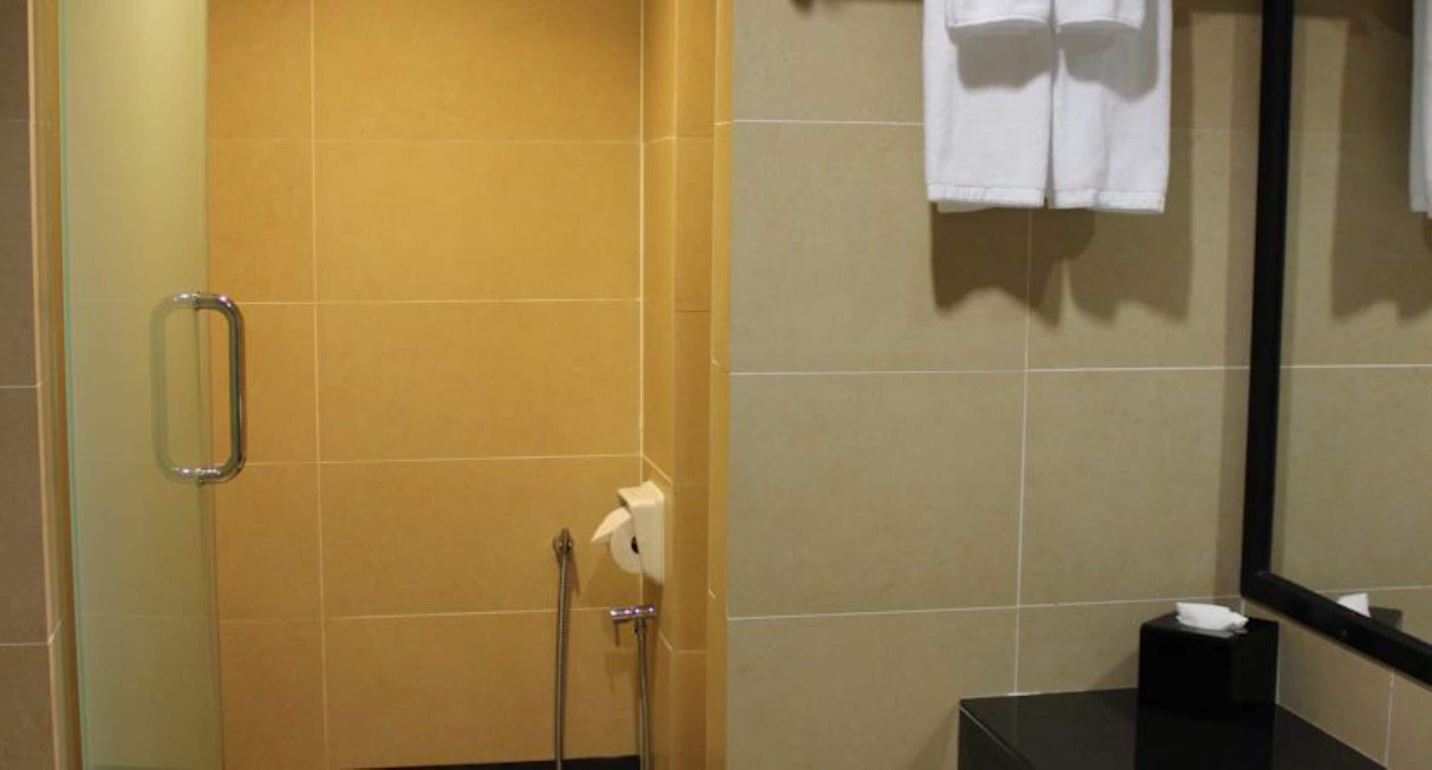 rainfall showerhead, free toiletries, hair dryer, towels