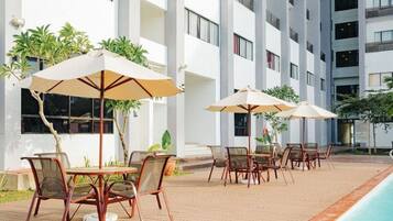 Indoor pool, outdoor pool, sun loungers