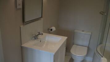 A bathroom with a white sink, a toilet, and a glass shower enclosure.