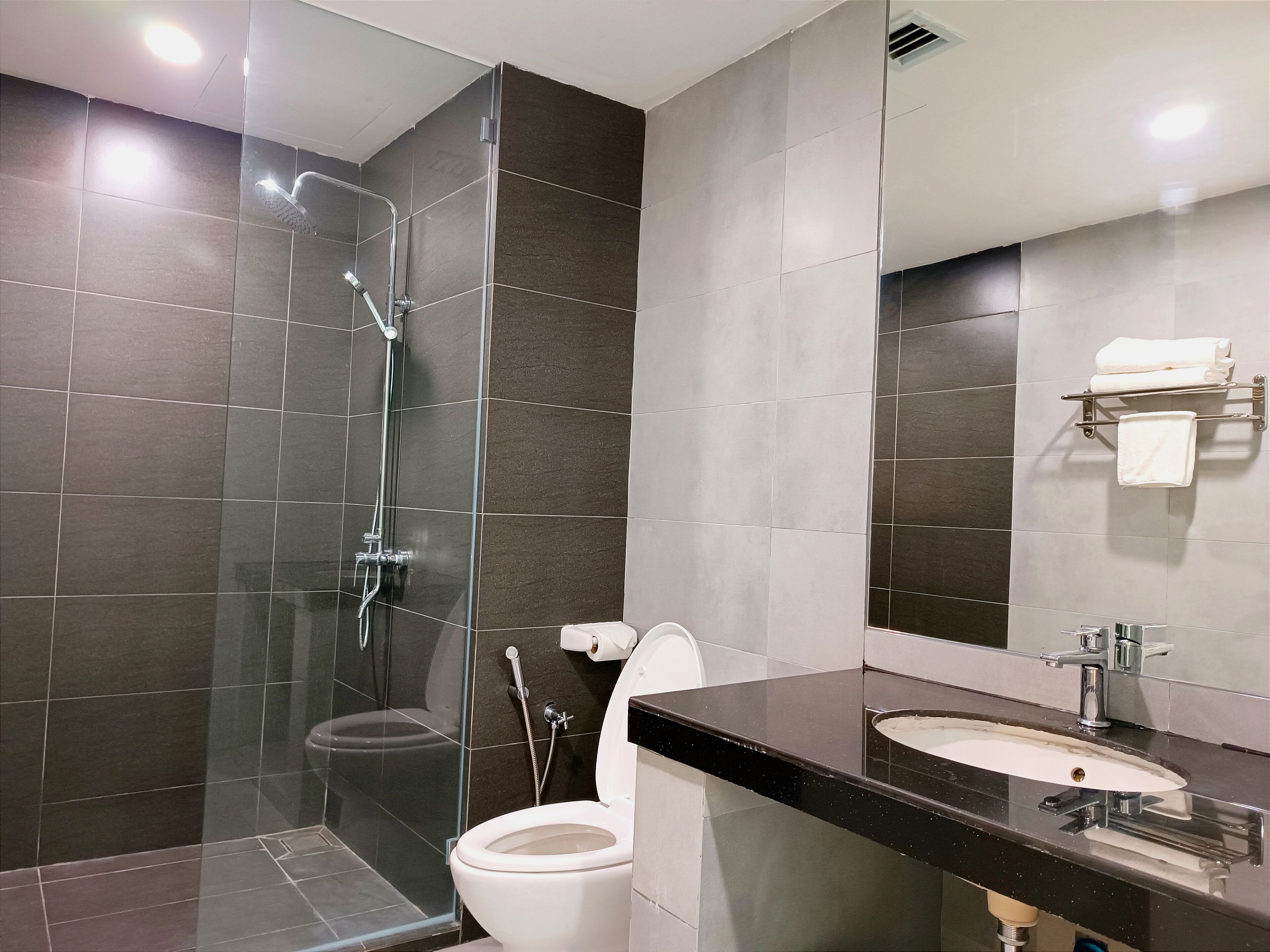 shower, hair dryer, slippers, bidet