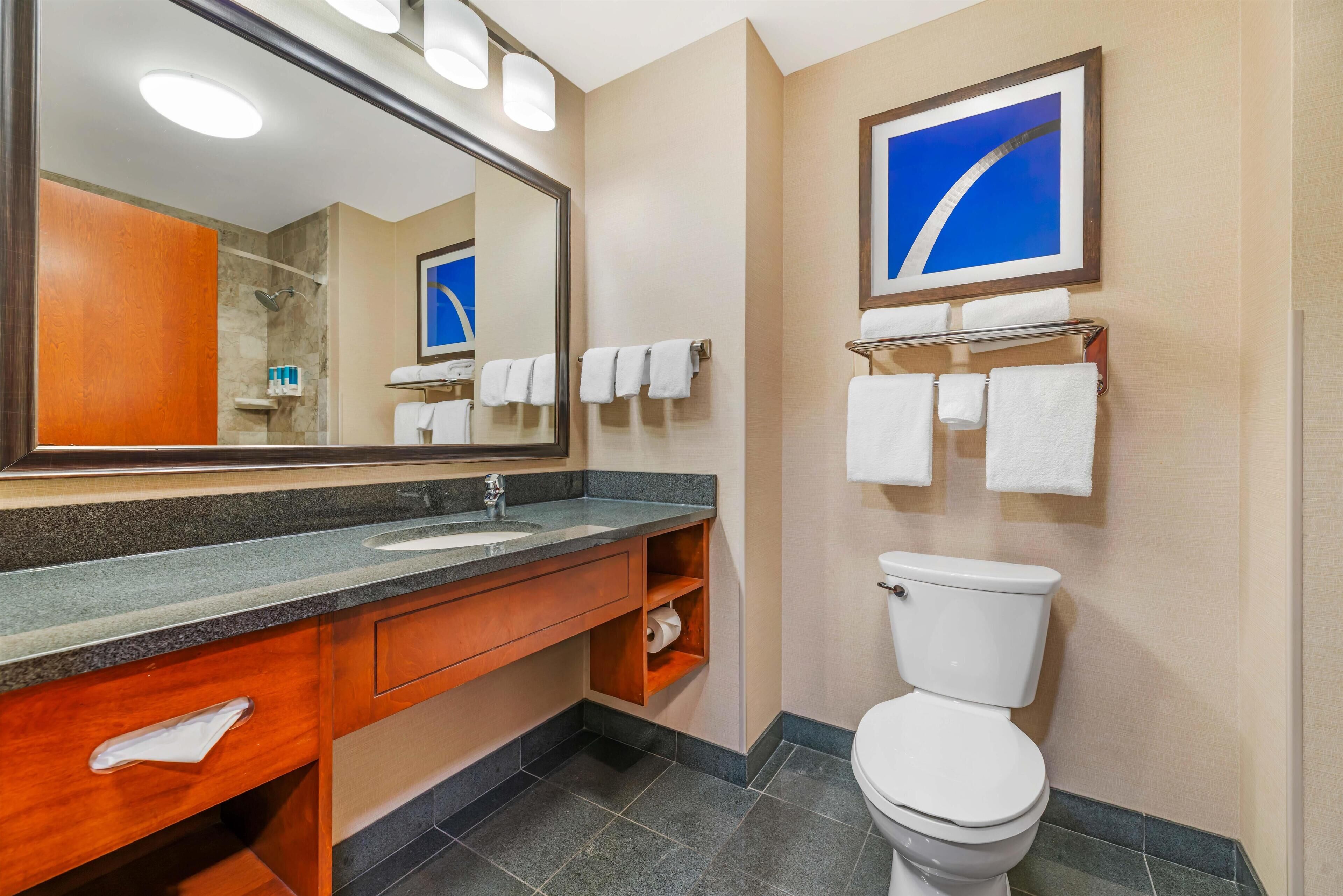 A modern bathroom with a sink, mirror, and toilet.
