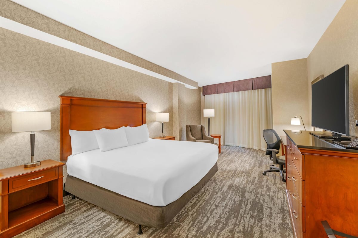Una habitación de hotel con una cama grande, un escritorio, una silla y un televisor.