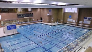 A large indoor swimming pool with multiple lanes, a diving platform, and a flag on the wall.