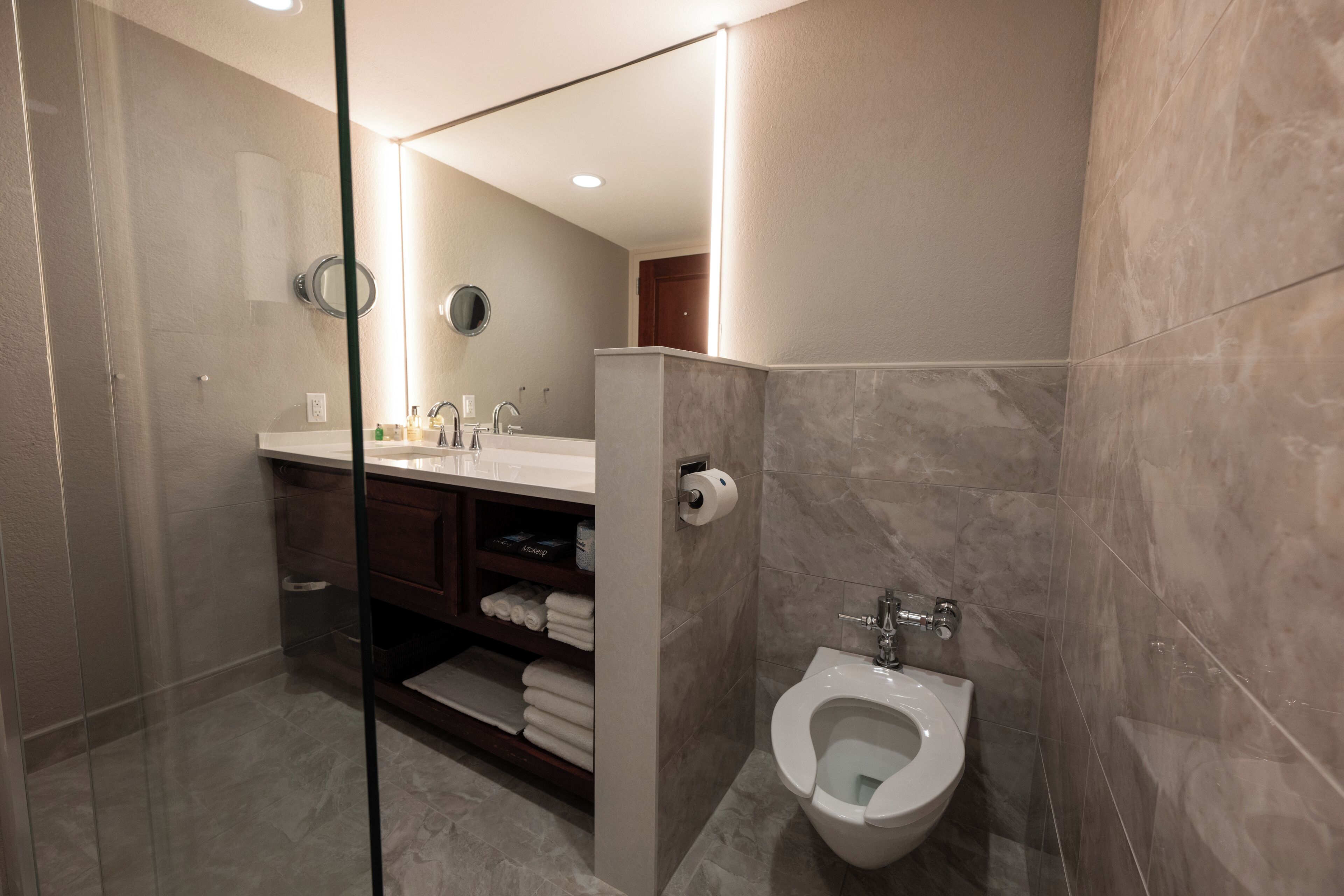 A modern bathroom with a glass shower enclosure, a toilet, and a vanity with a mirror.