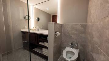 A modern bathroom with a glass shower enclosure, a toilet, and a vanity with a mirror.