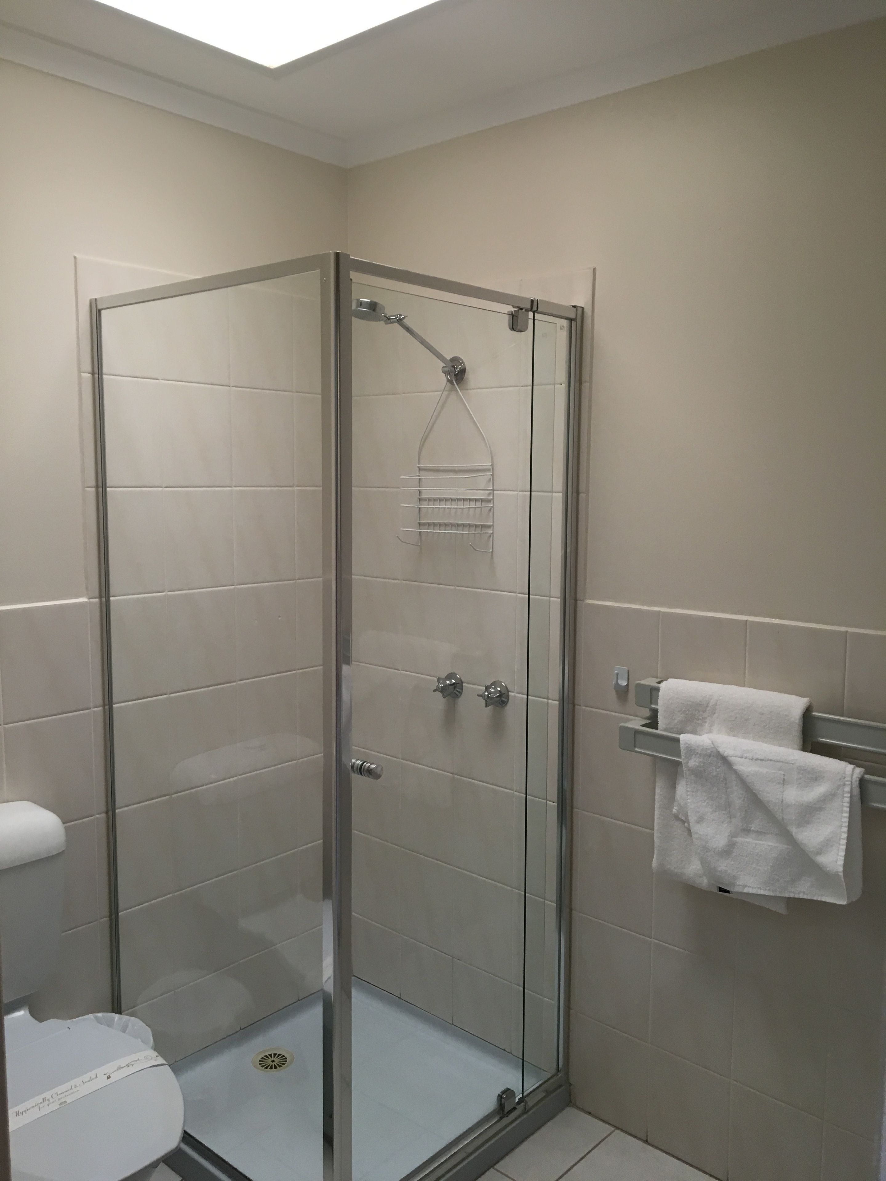 A glass-enclosed shower with a towel rack and a toilet with a white seat.