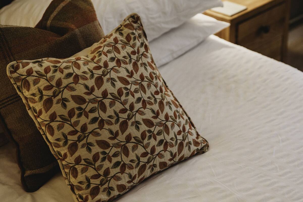 A neatly made bed with a patterned pillow, a white pillow, and a wooden headboard. There is a bedside table with a lamp and a tissue box.