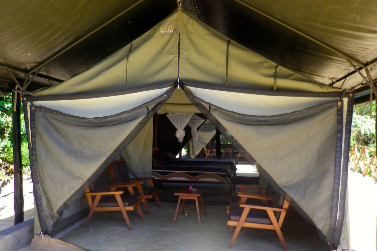 A tented area with a bed, two chairs, and a small table.