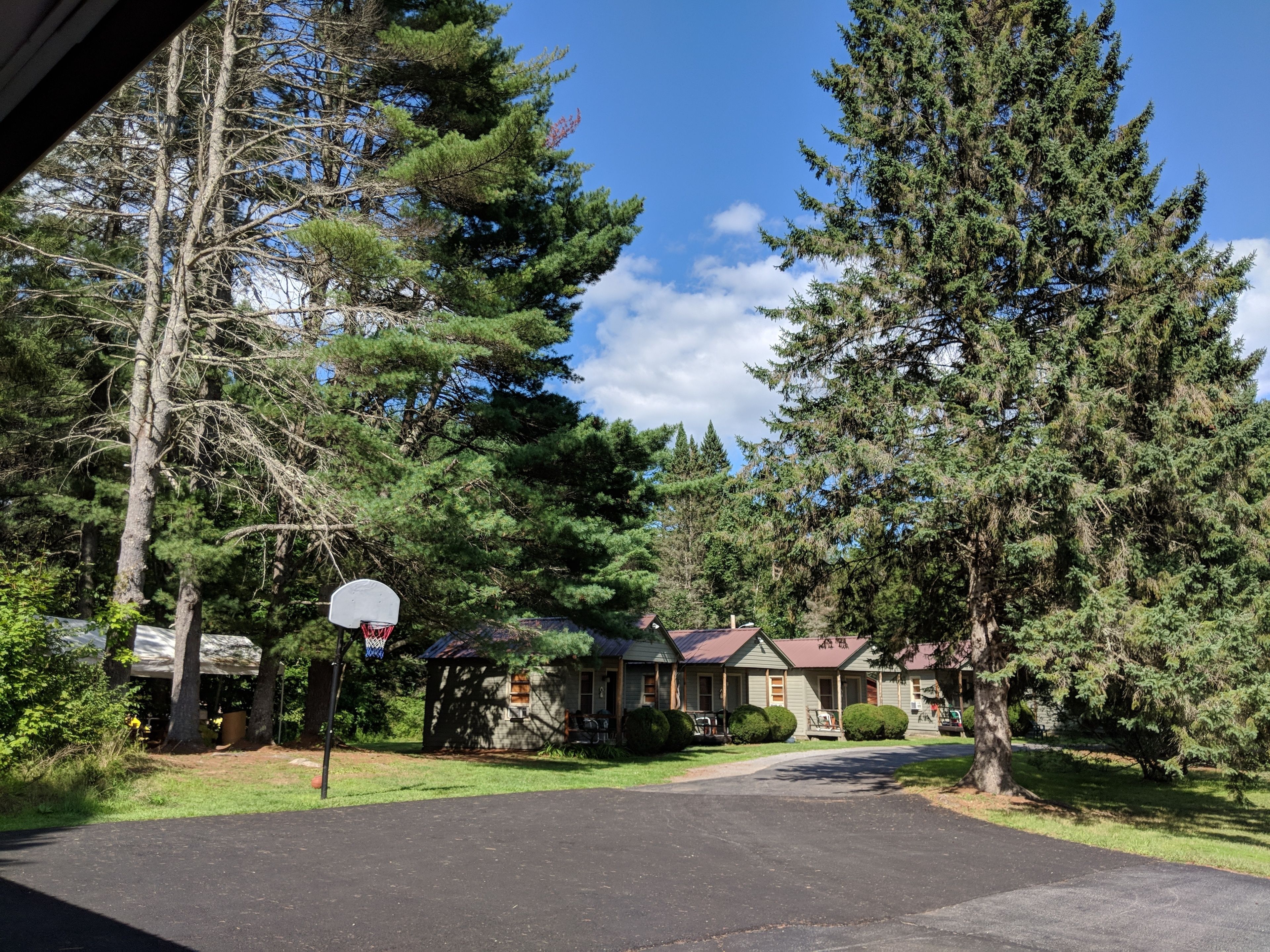 Un quartier résidentiel avec un terrain de basket, des maisons et de grands arbres.
