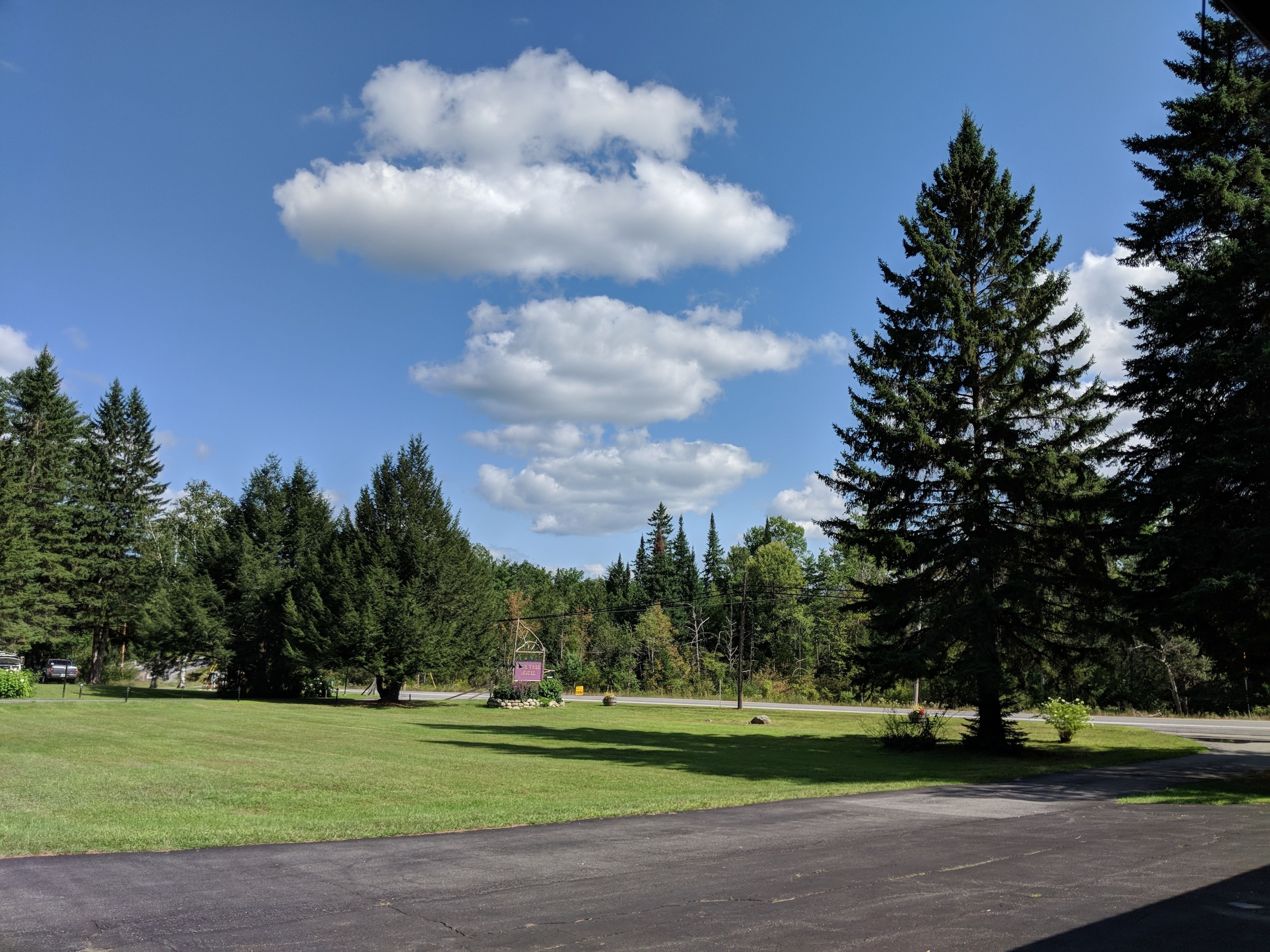 Un parking avec une zone herbeuse et des arbres.