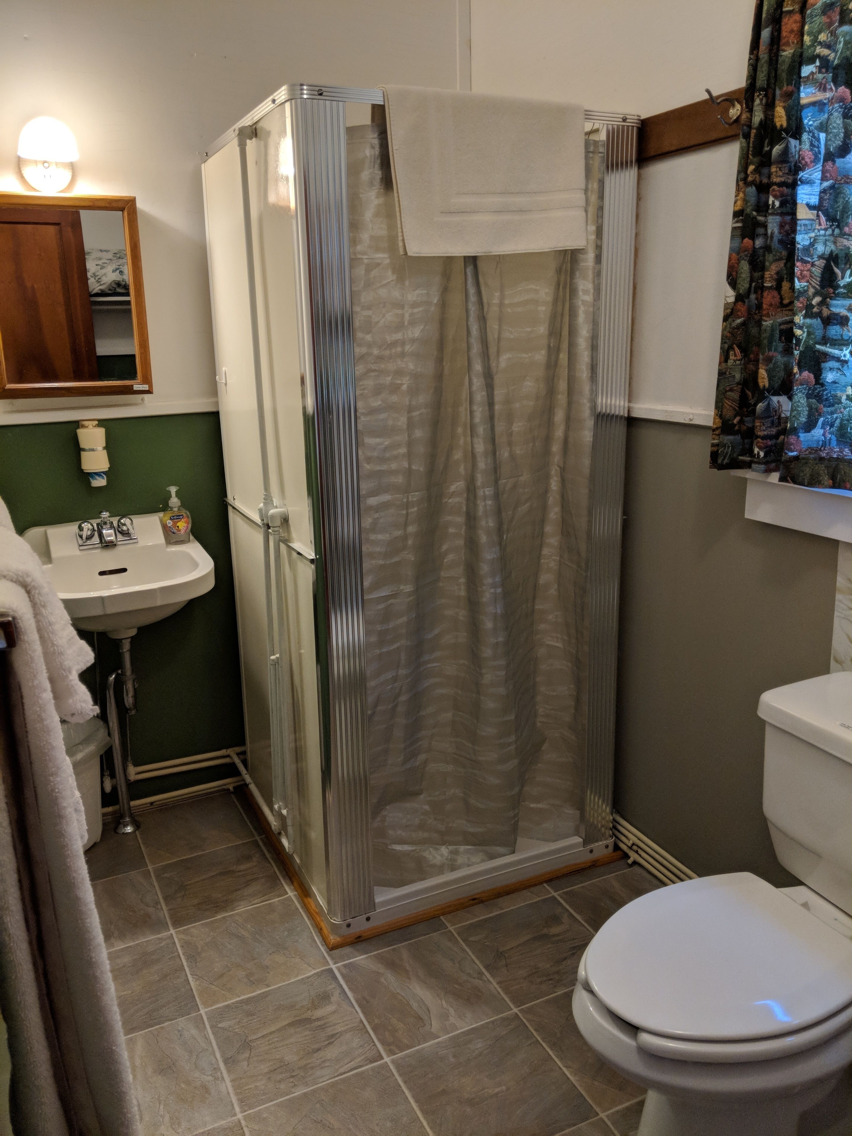 Une salle de bain équipée d’une douche, d’un lavabo et de toilettes.