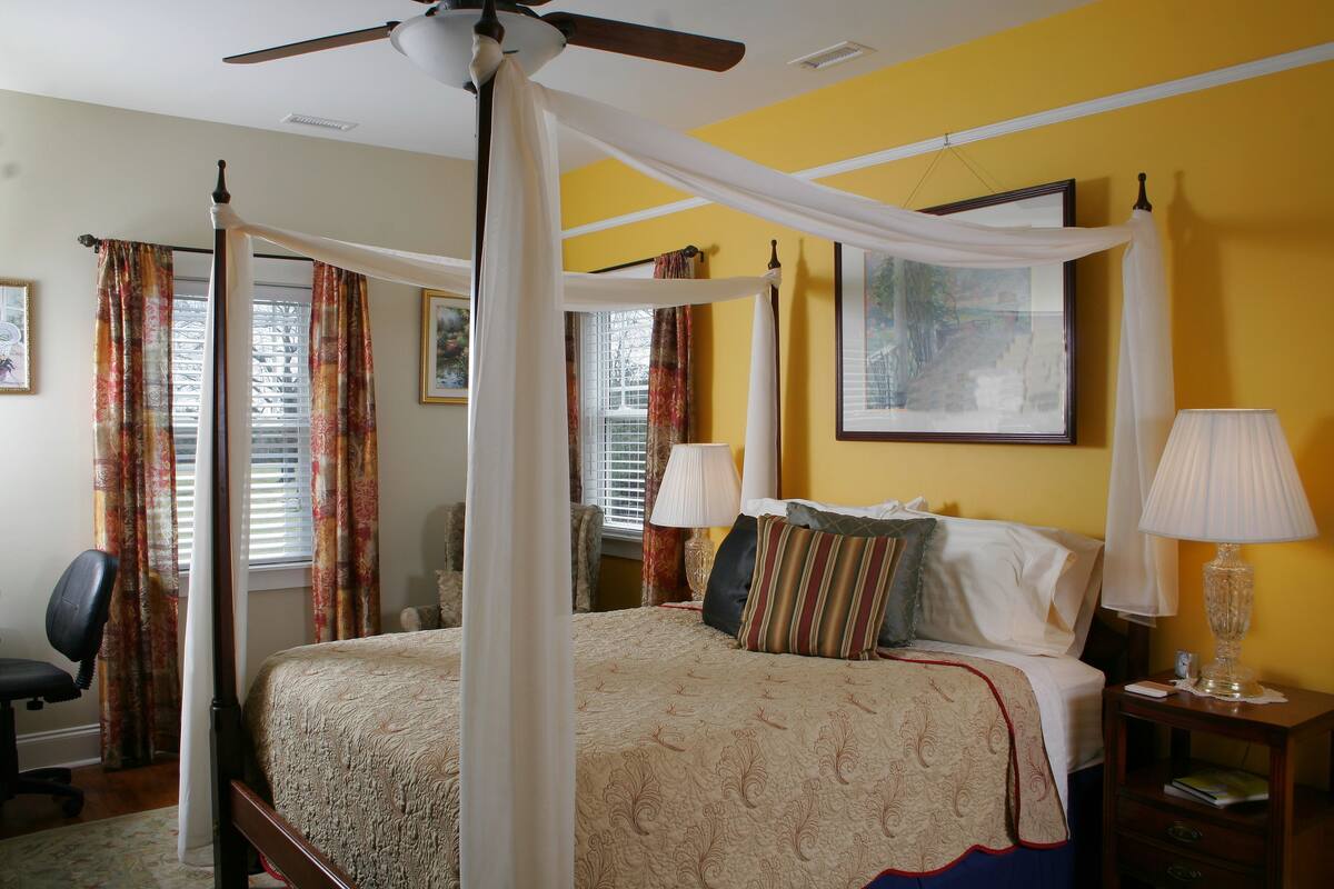Premium bedding, pillowtop beds, laptop workspace, blackout drapes