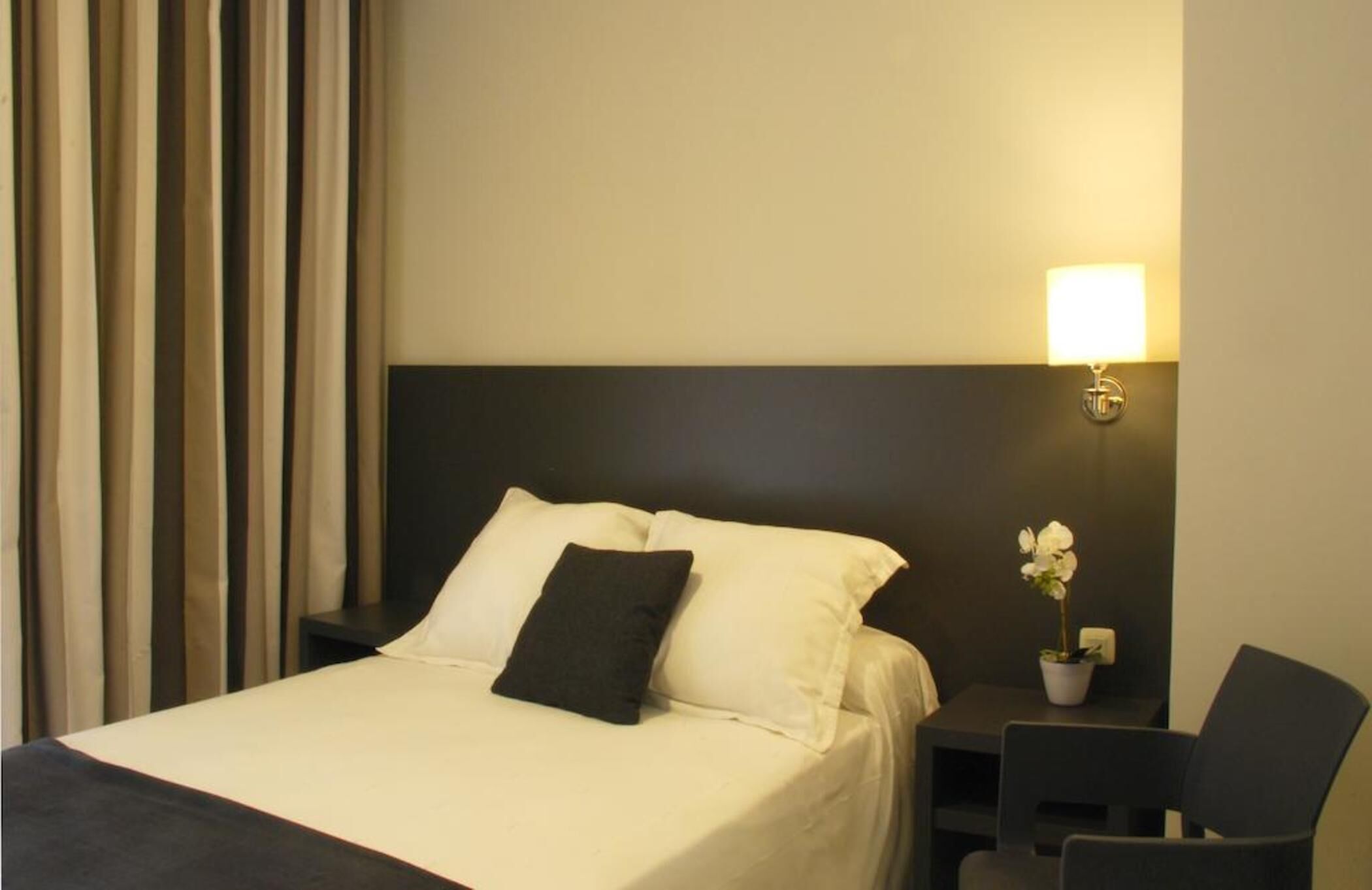 A hotel room with a bed, a nightstand with a lamp, a chair, and a potted plant.