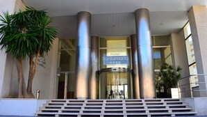 A hotel entrance with a revolving door, palm trees, and a sign reading "Hotel Santamarina".
