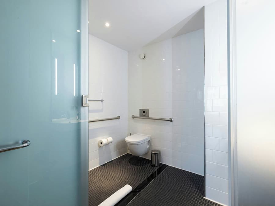Et moderne badeværelse med toilet, gelændere og en lille skraldespand.