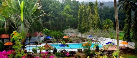 Outdoor pool, pool umbrellas, pool loungers