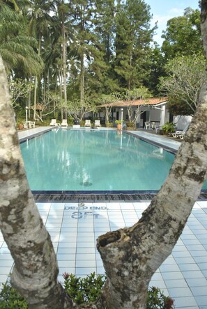 Outdoor pool, pool umbrellas, pool loungers
