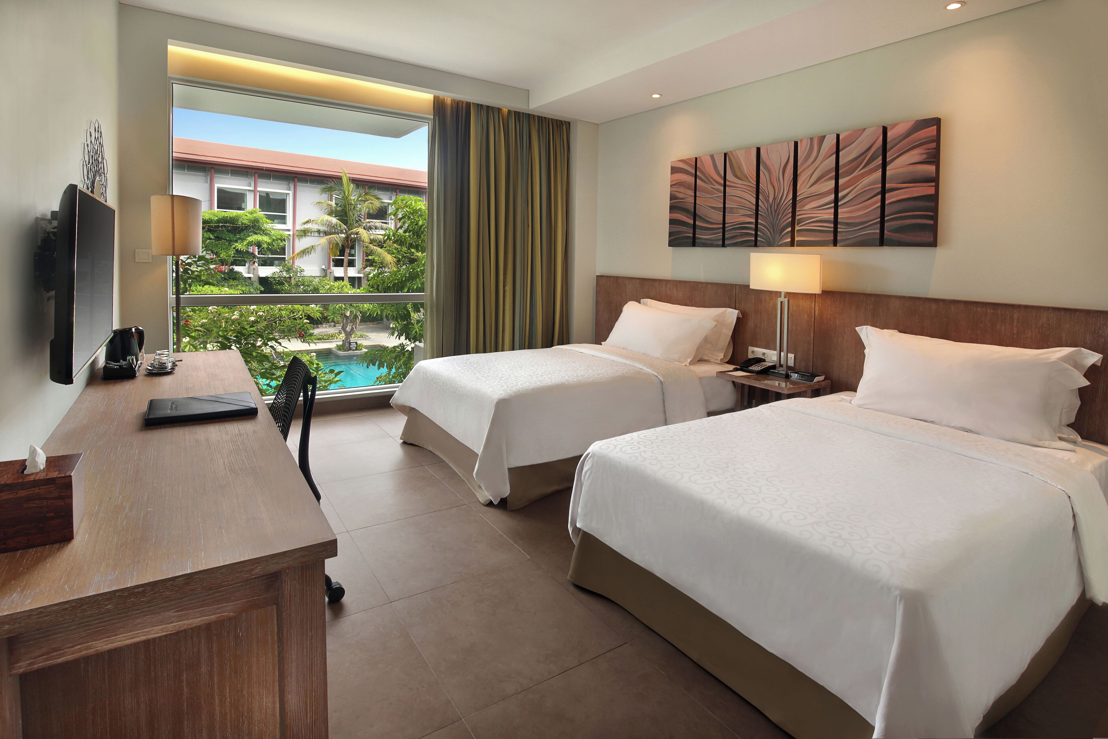 twin room, 2 single beds, pool view | view from room