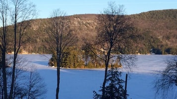 Winterliche Landschaft mit einem zugefrorenen See, kahlen Bäumen und einem bewaldeten Hügelland im Hintergrund.