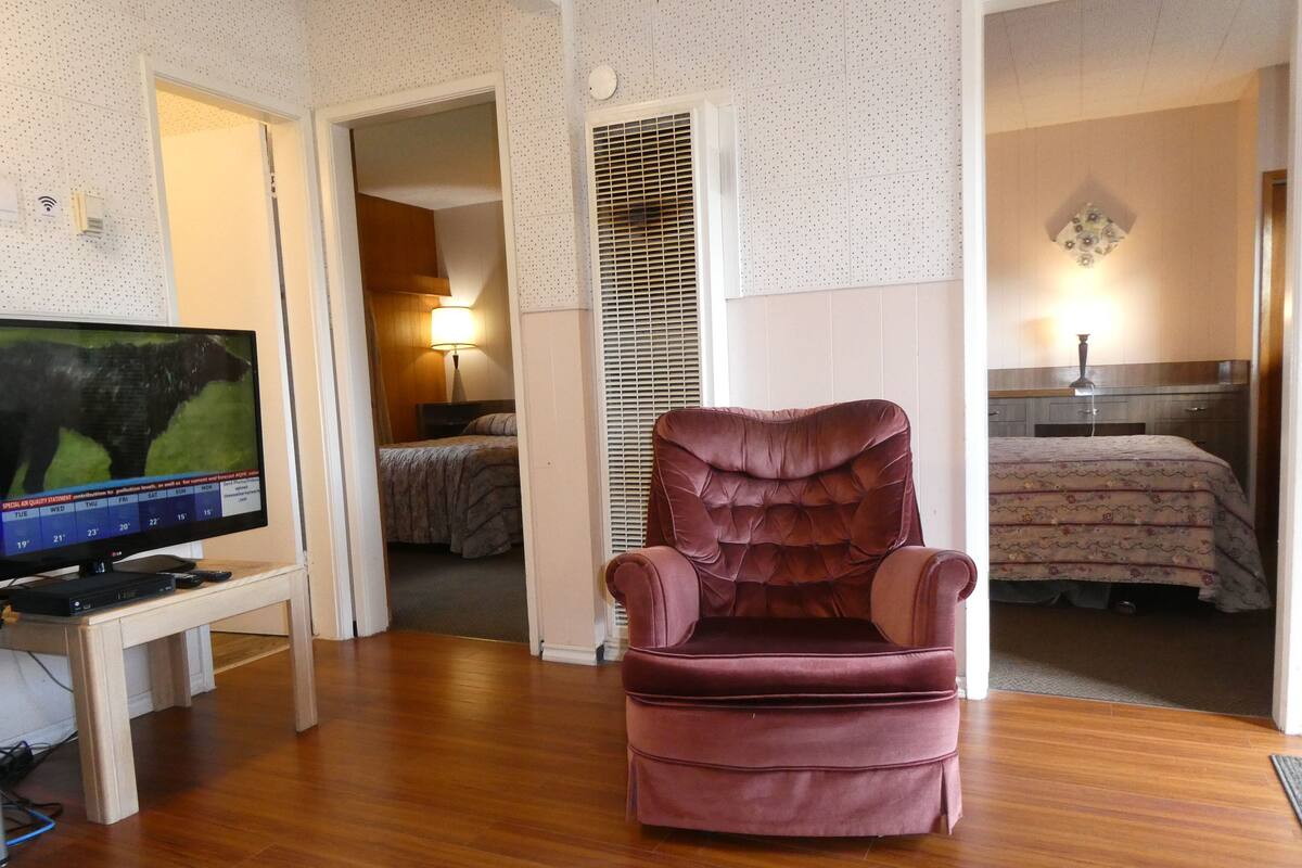 A room with a wooden floor, a television on a stand, a plush armchair, a bed with a patterned bedspread, and a wall-mounted lamp.