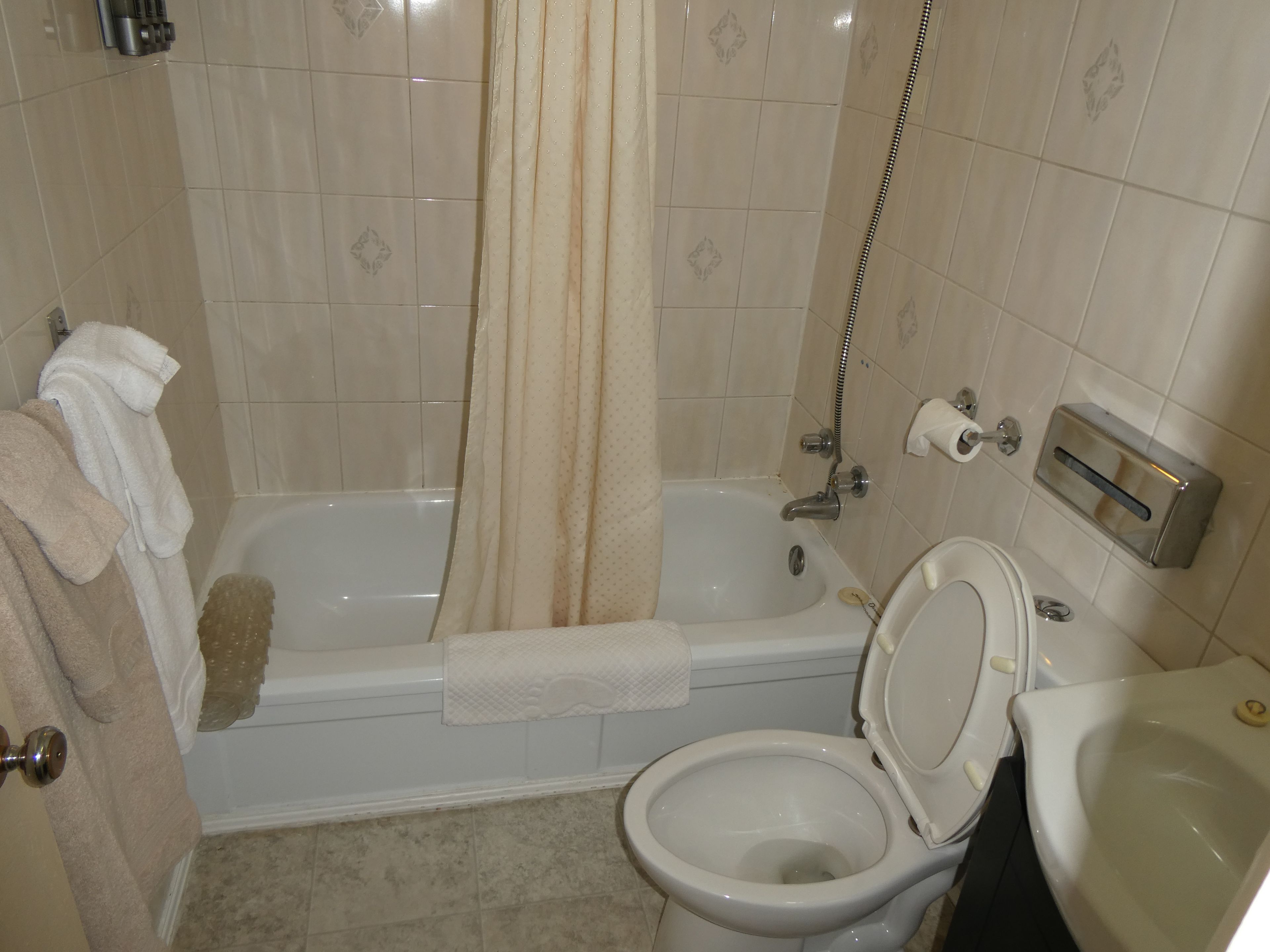 Une salle de bain avec une baignoire, des toilettes et un lavabo.