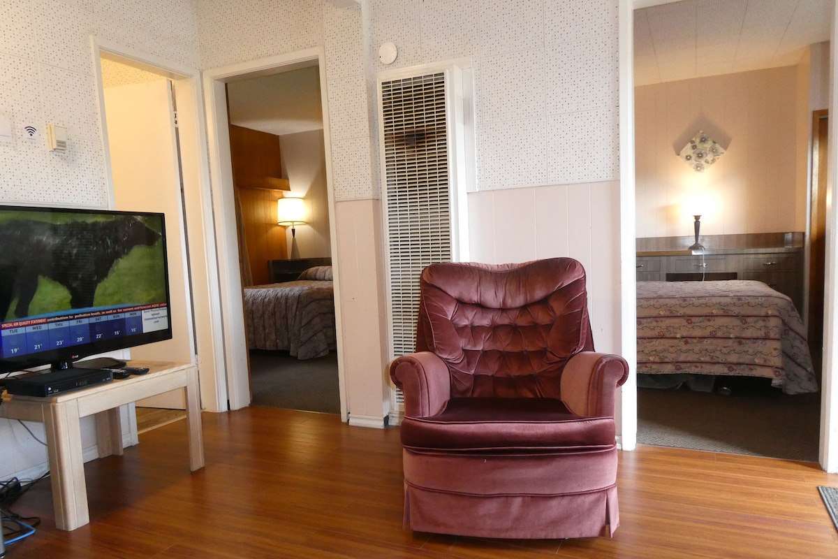 Een kamer met een houten vloer, een televisie op een standaard, een comfortabele fauteuil, een bed met een geborduurde spreideken en een wandlamp.