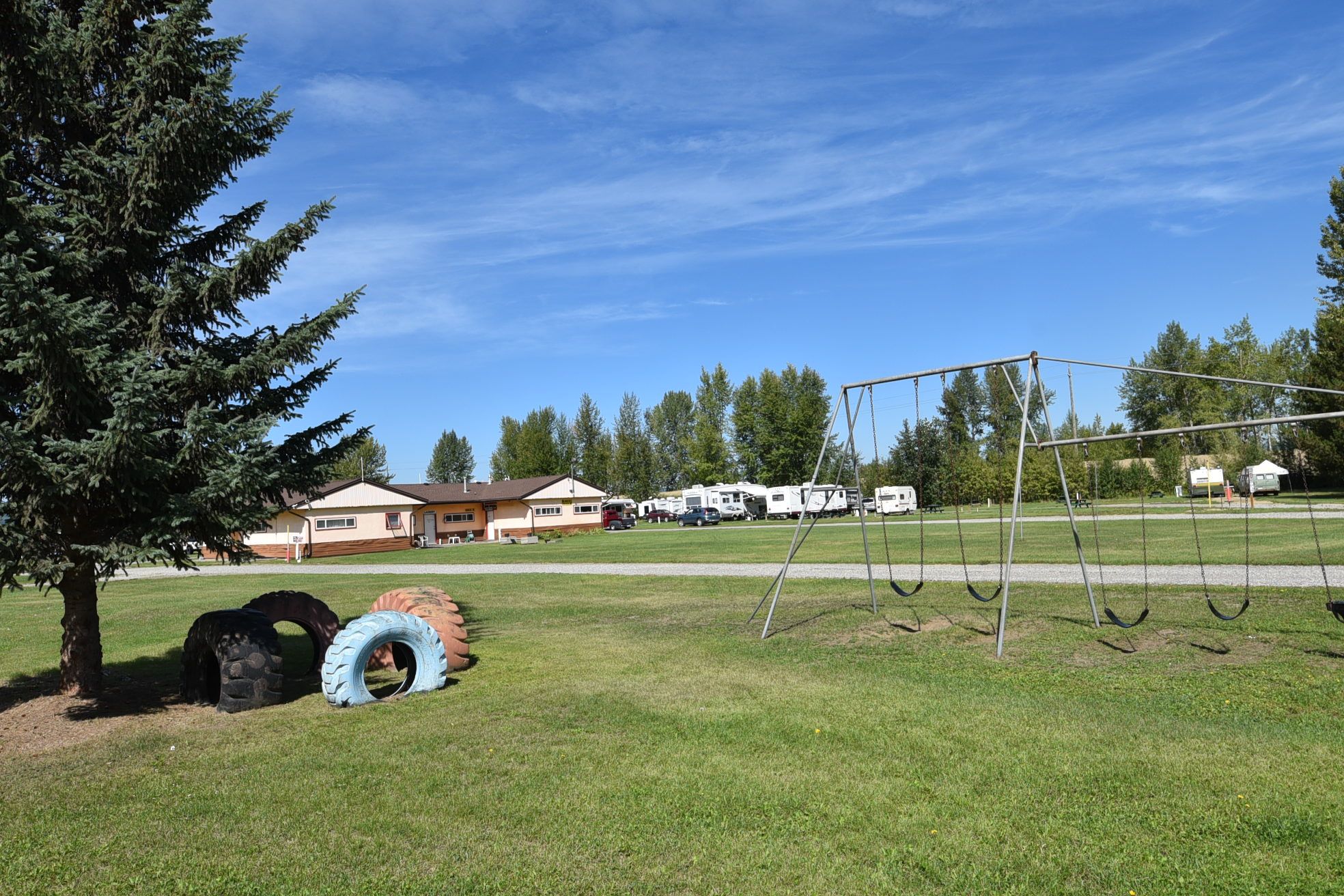 A grassy field with a swing set, a tree, and RVs in the background.