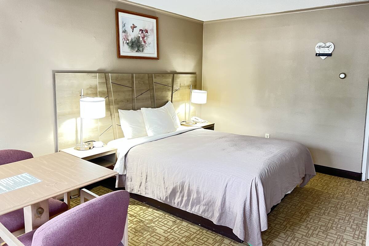 A hotel room with a bed, bedside table, lamp, chair, and a framed picture on the wall.