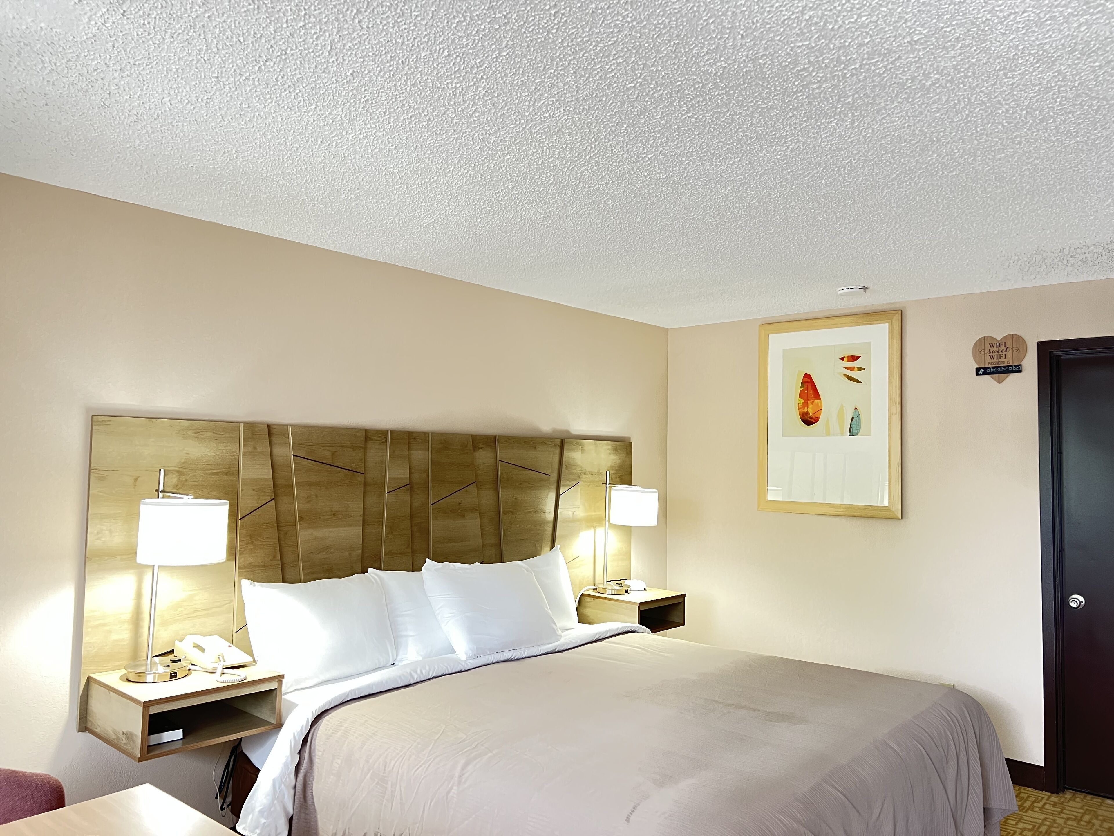 A hotel room with a large bed, two bedside tables with lamps, a framed artwork on the wall, and a door.