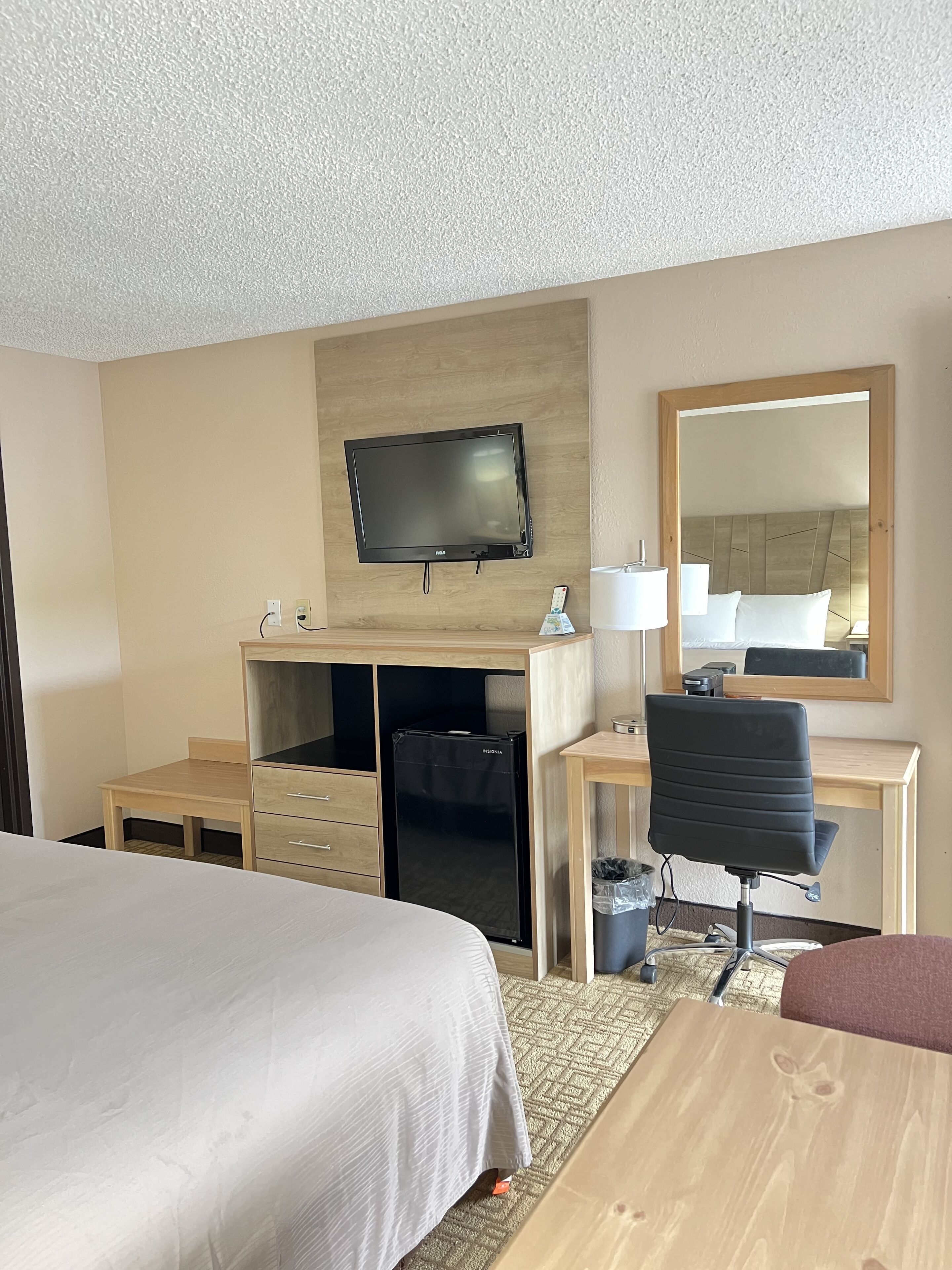 Habitación de hotel con cama, escritorio, silla, televisor, espejo y minibar.