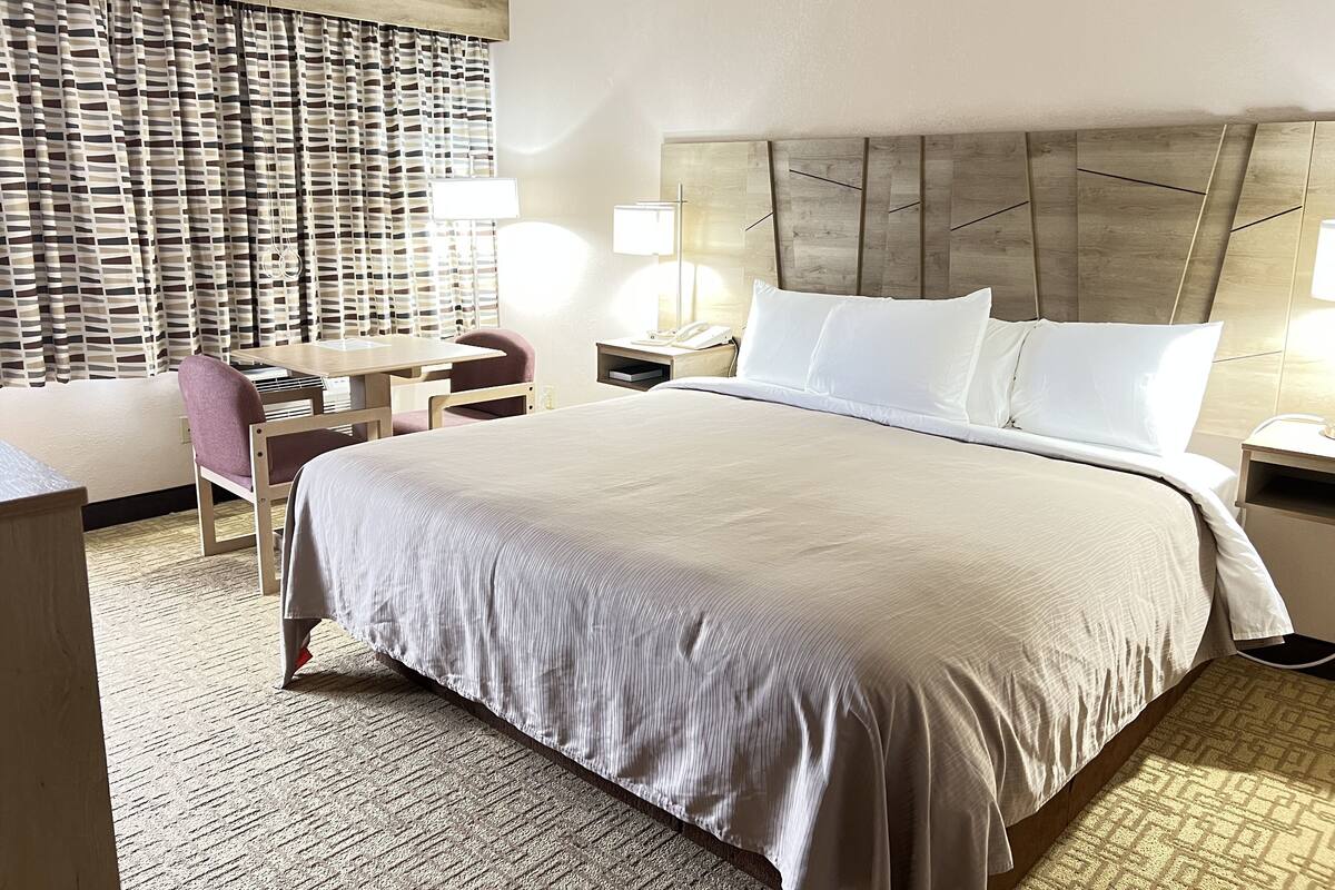 A hotel room with a bed, a desk, a chair, a lamp, and a nightstand.