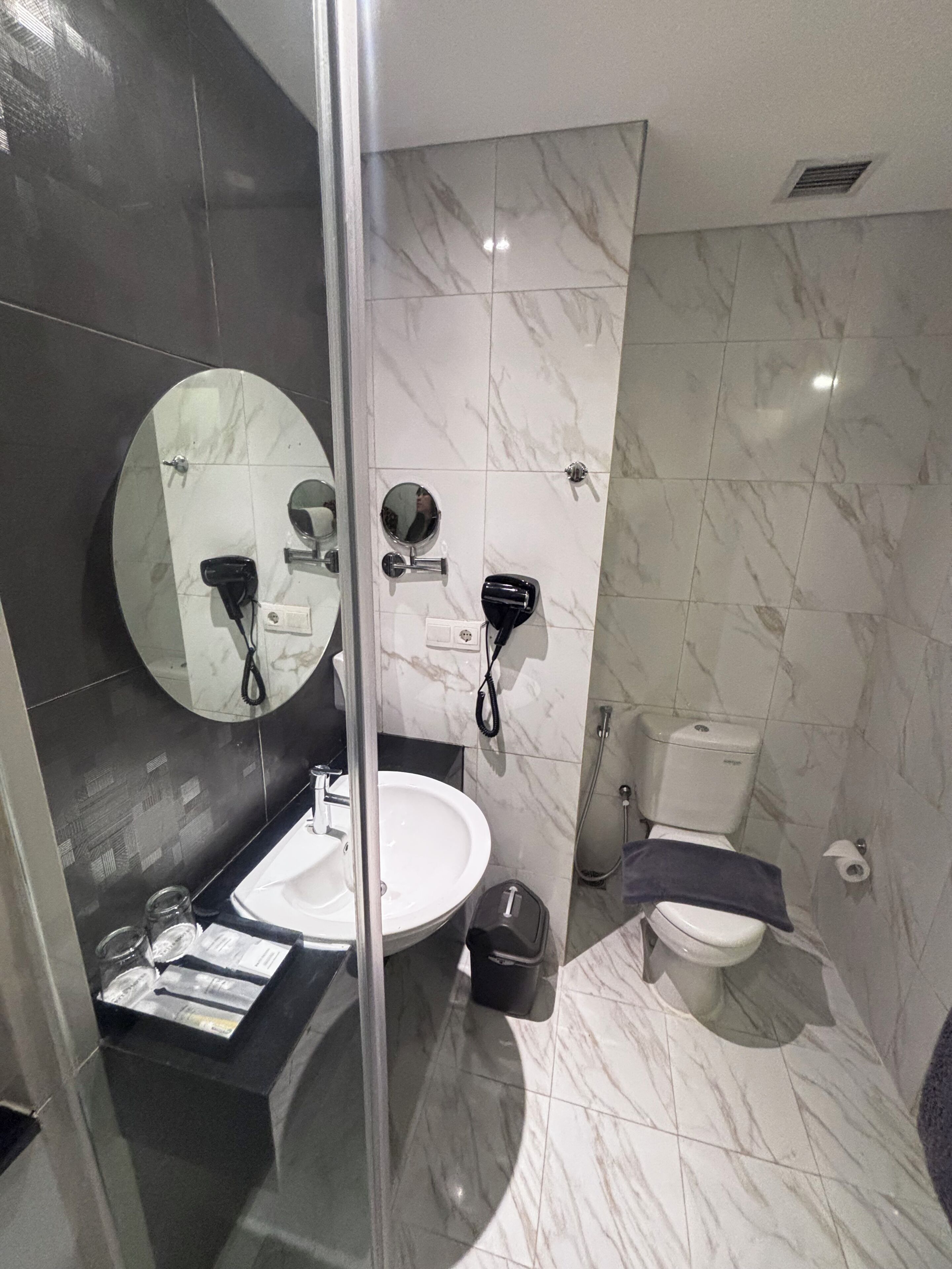 A modern bathroom with a glass shower enclosure, a round mirror, a sink, and a toilet.