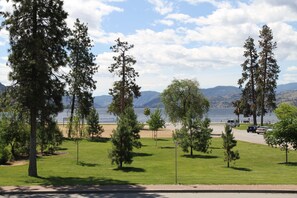 A park with trees, a beach, and a lake.
