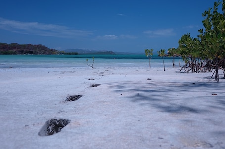 En la playa, arena blanca, toallas de playa, buceo