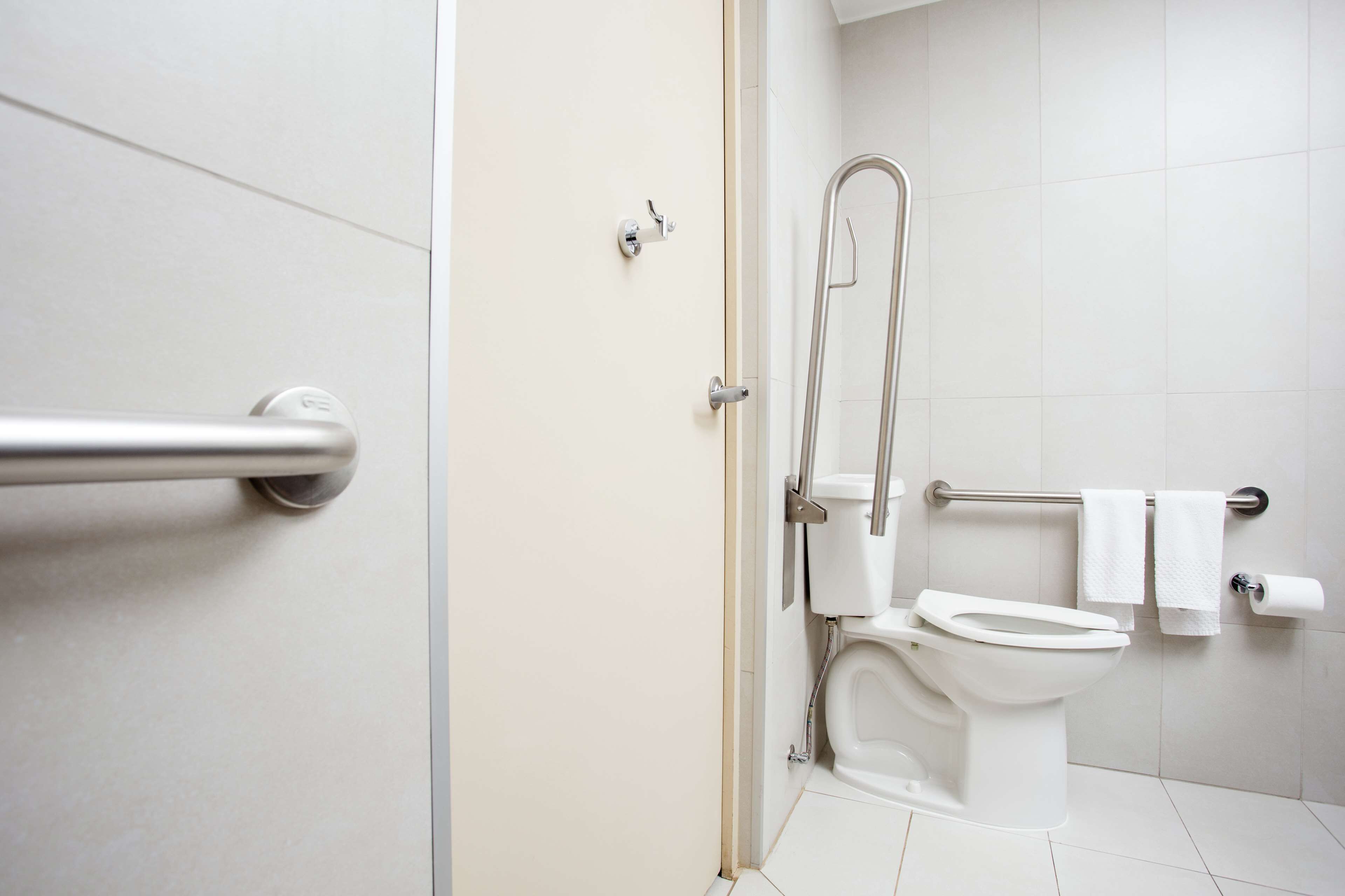 Un baño moderno con inodoro, barra de apoyo y zona de ducha.