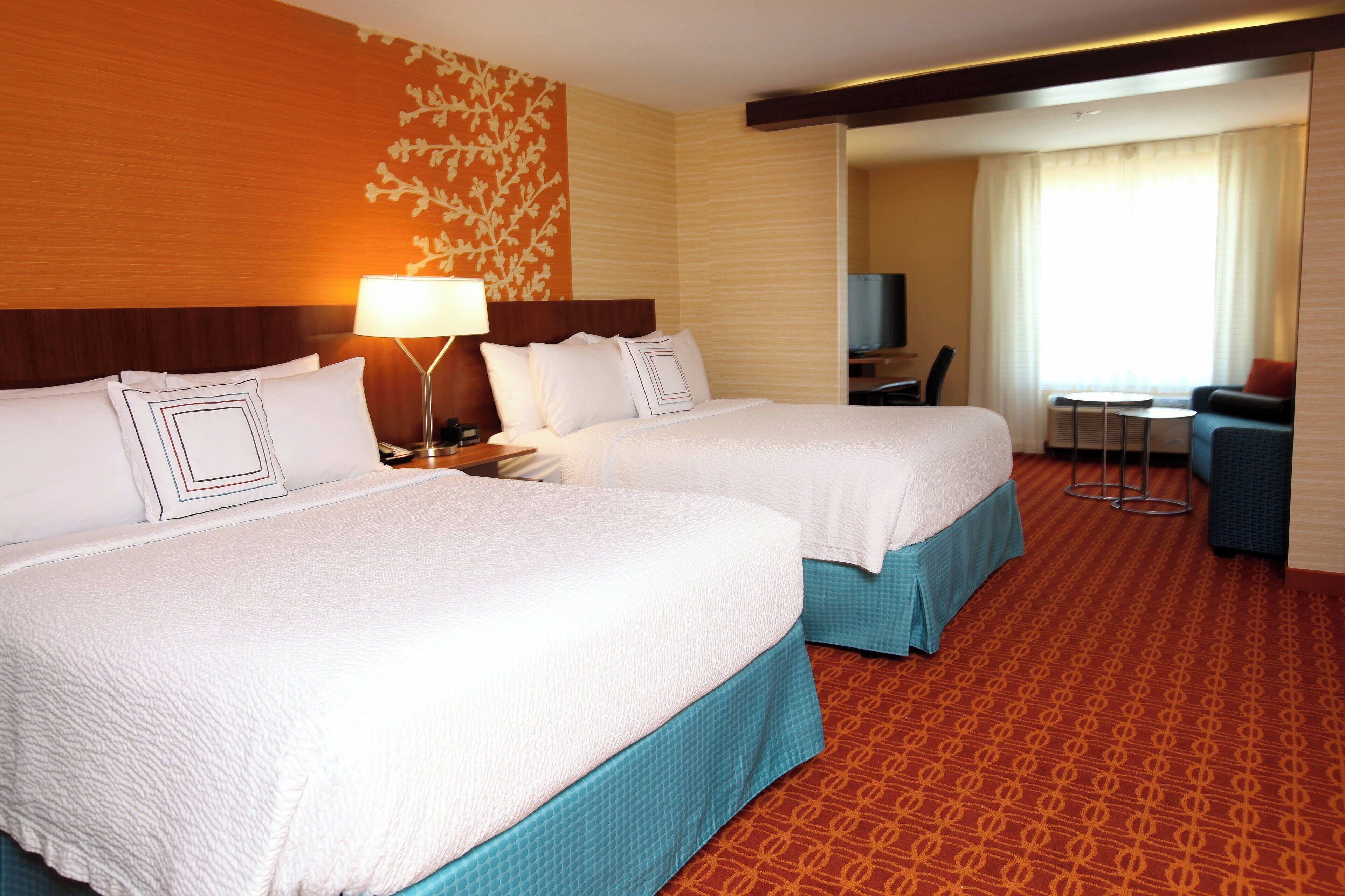 desk, laptop workspace, blackout curtains, iron/ironing board