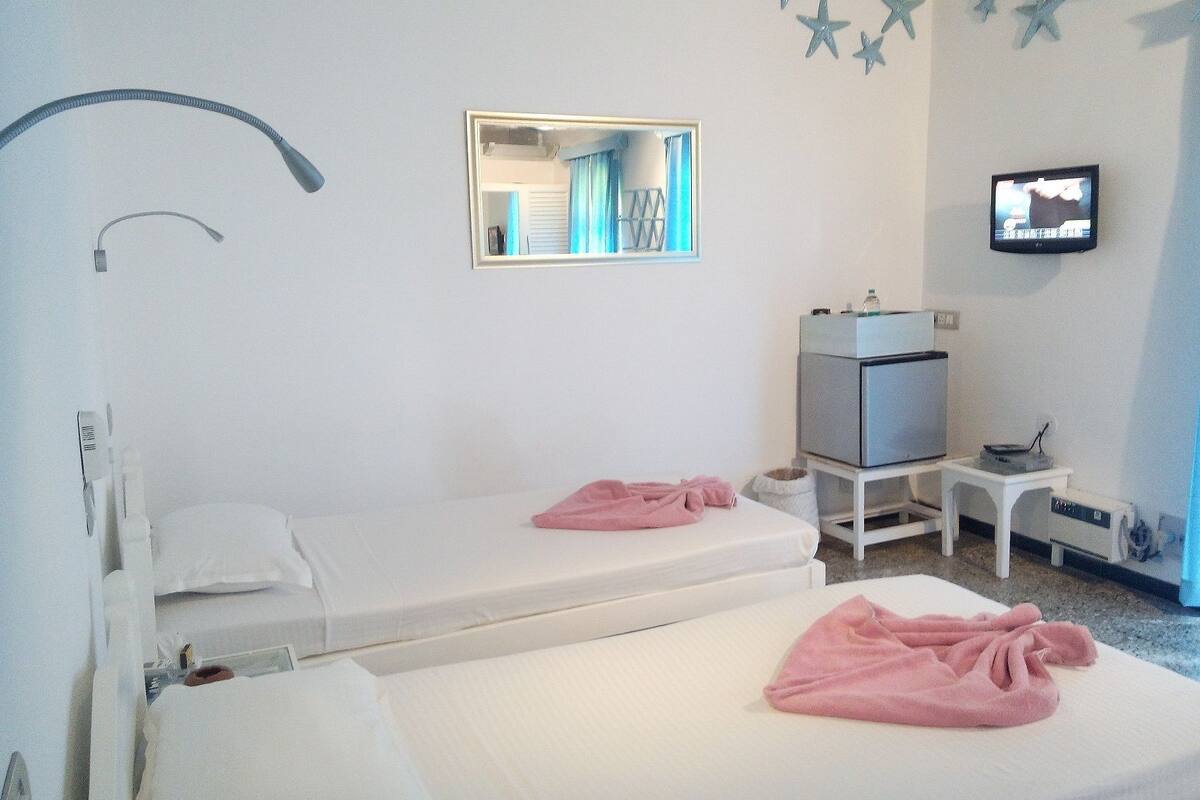 A hotel room with two single beds, a small TV, a mirror, and a heater.