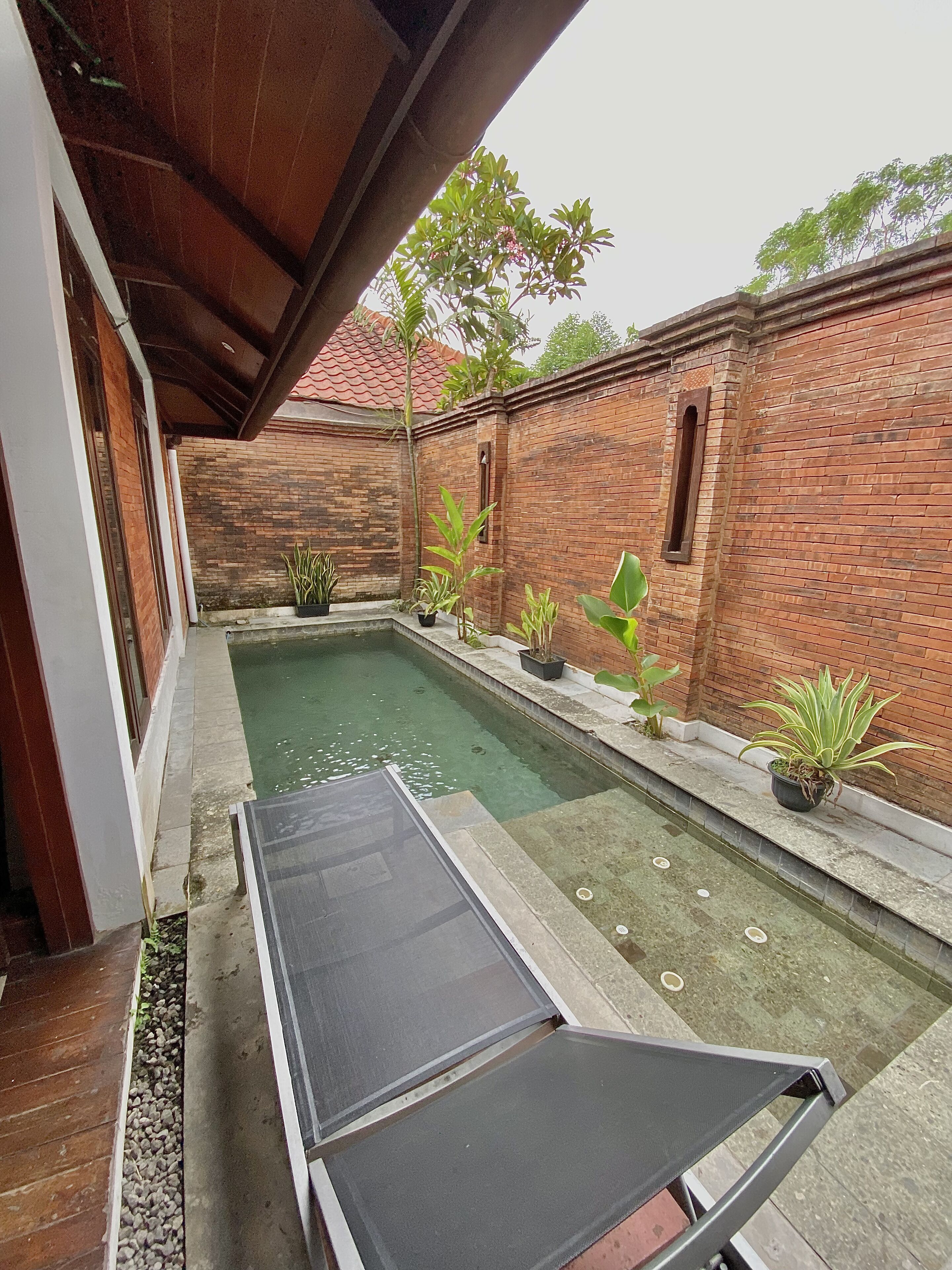 A small pool with a wooden deck and potted plants, surrounded by a brick wall and a covered area with a wooden ceiling.