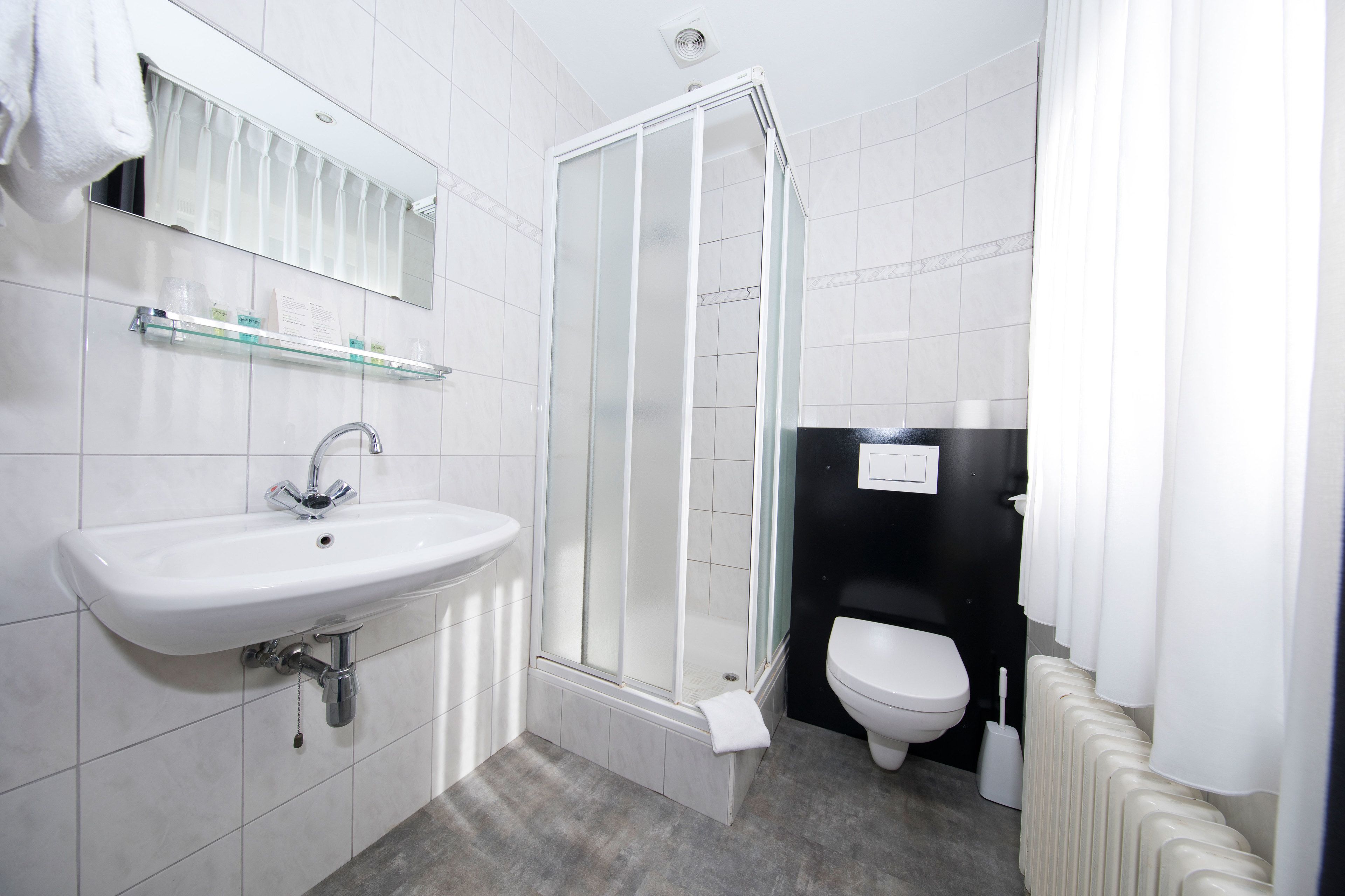 A modern bathroom with a glass shower enclosure, a white sink, and a toilet.