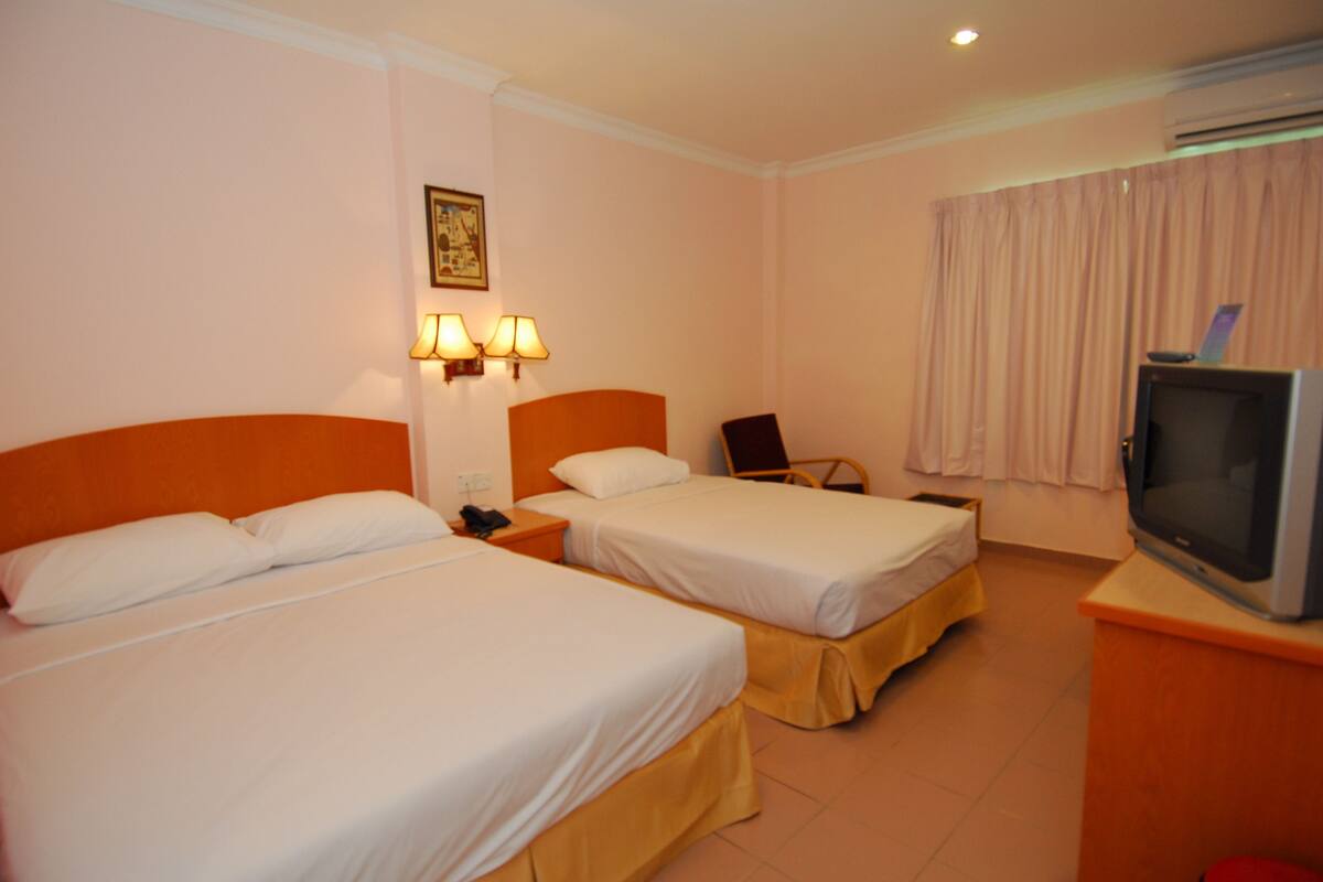 A hotel room with two single beds, a television, a desk, and a chair.