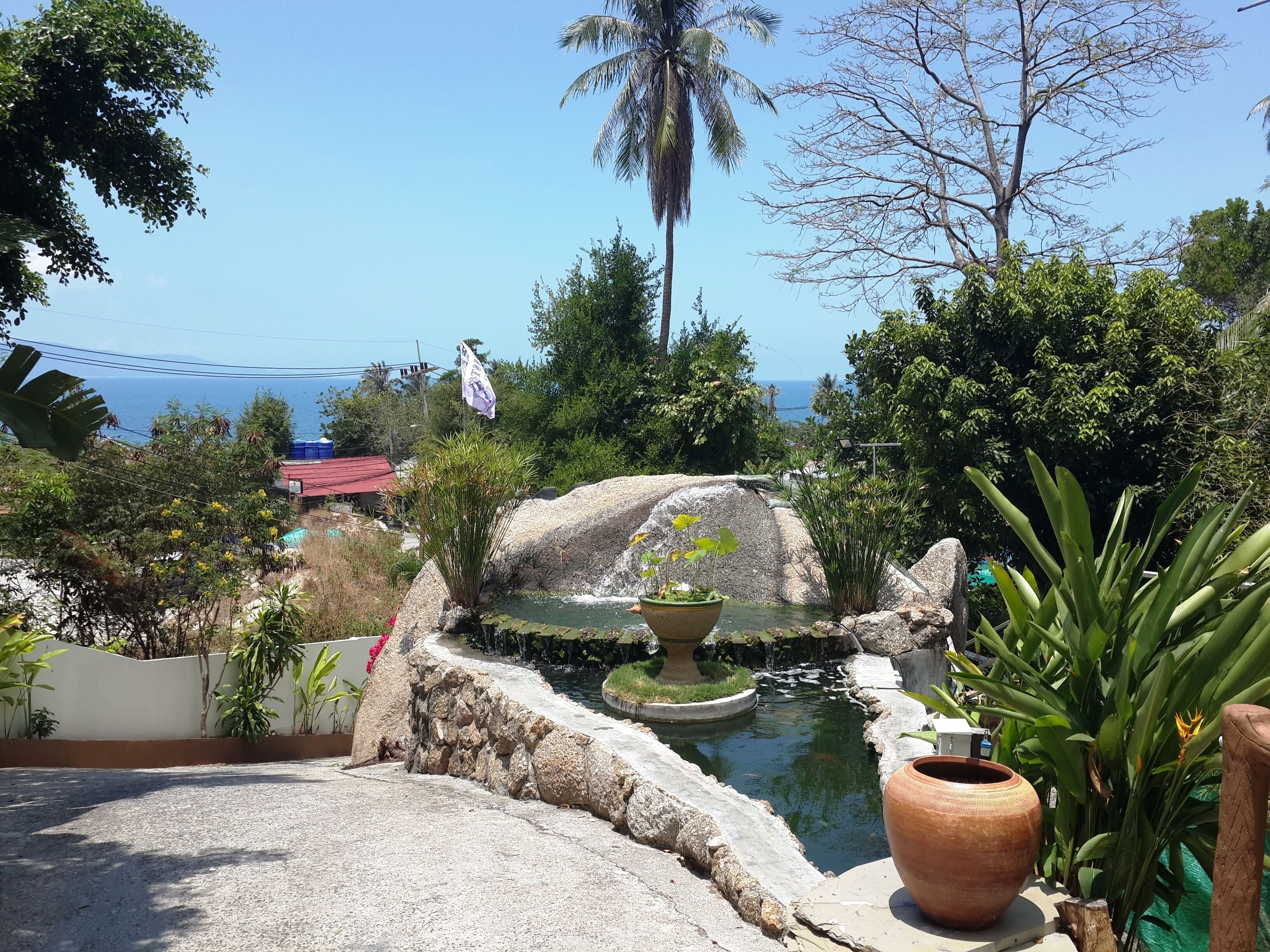 A garden with a pond, a large rock, and a view of the sea.